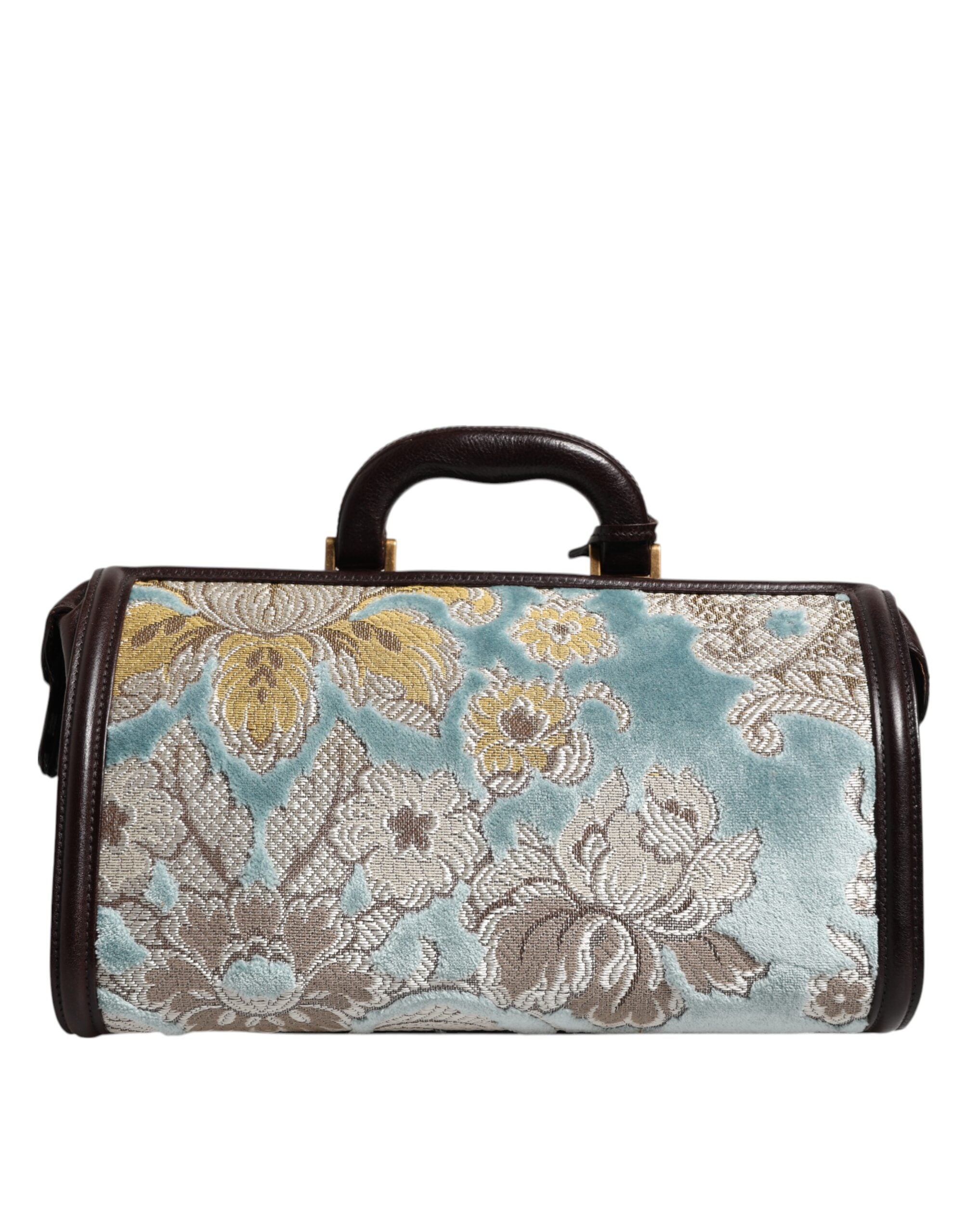 Dolce & Gabbana Blue Brown Leather Floral Jacquard Travel Handbag Bag