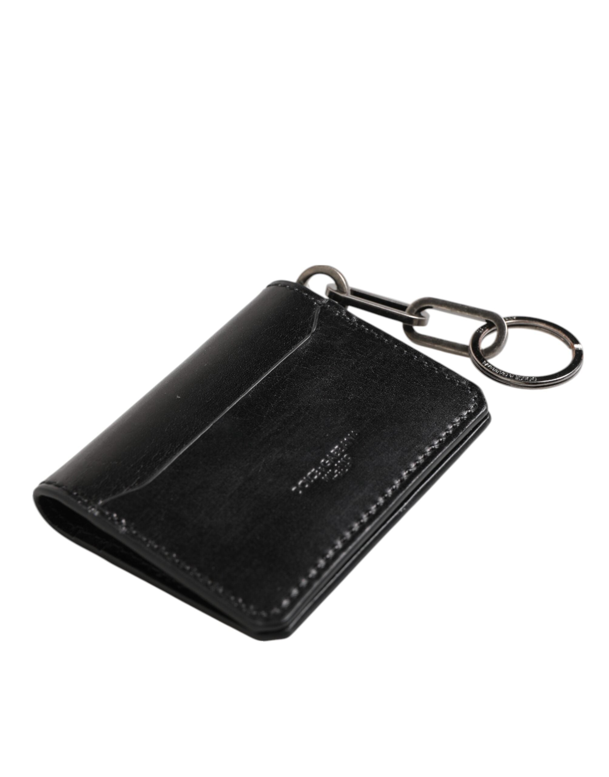Dolce & Gabbana Black Leather Logo Embossed Key Chain Card Holder Wallet