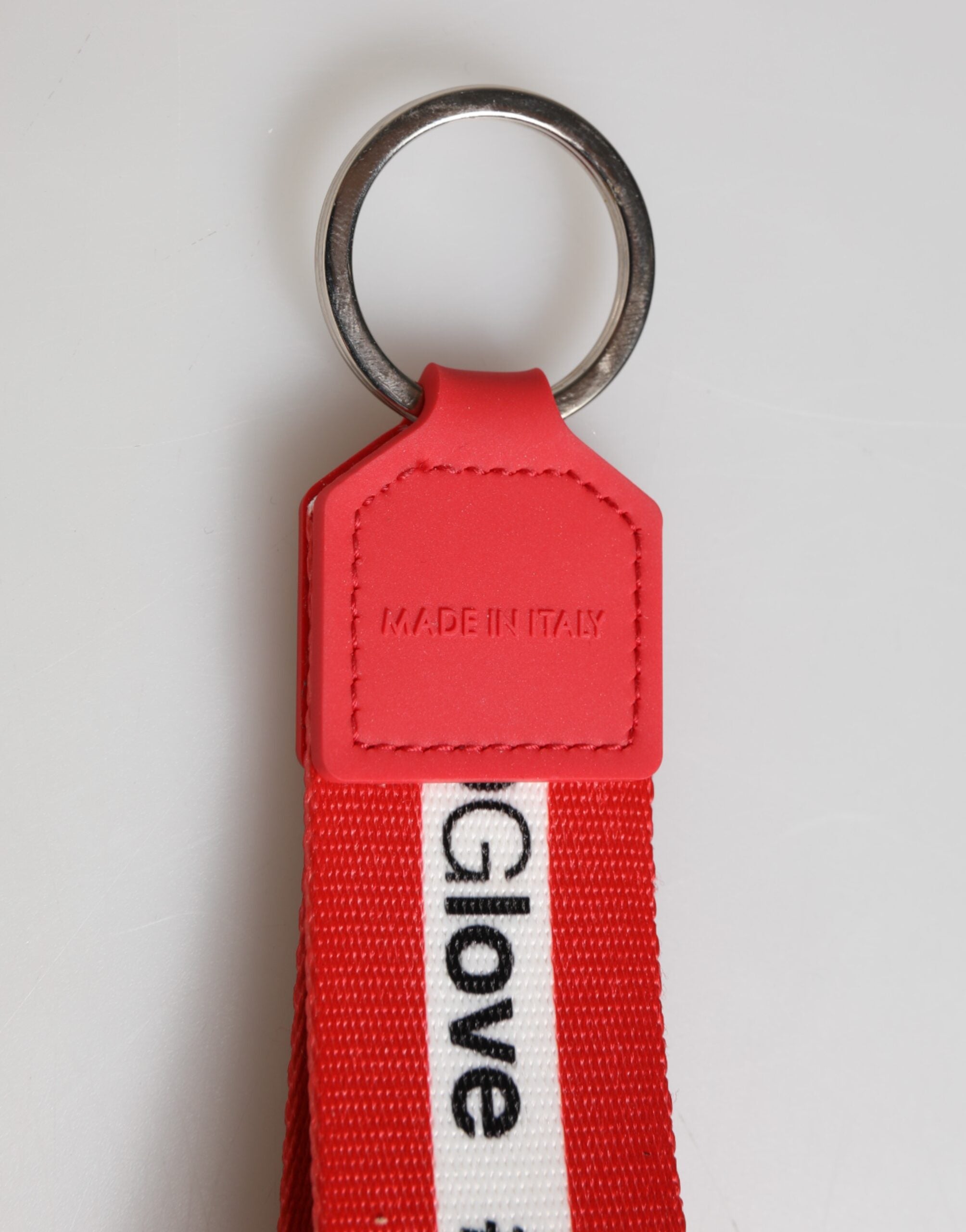 Dolce & Gabbana Red Logo Polyester Silver Brass Holder Keychain Men Keyring