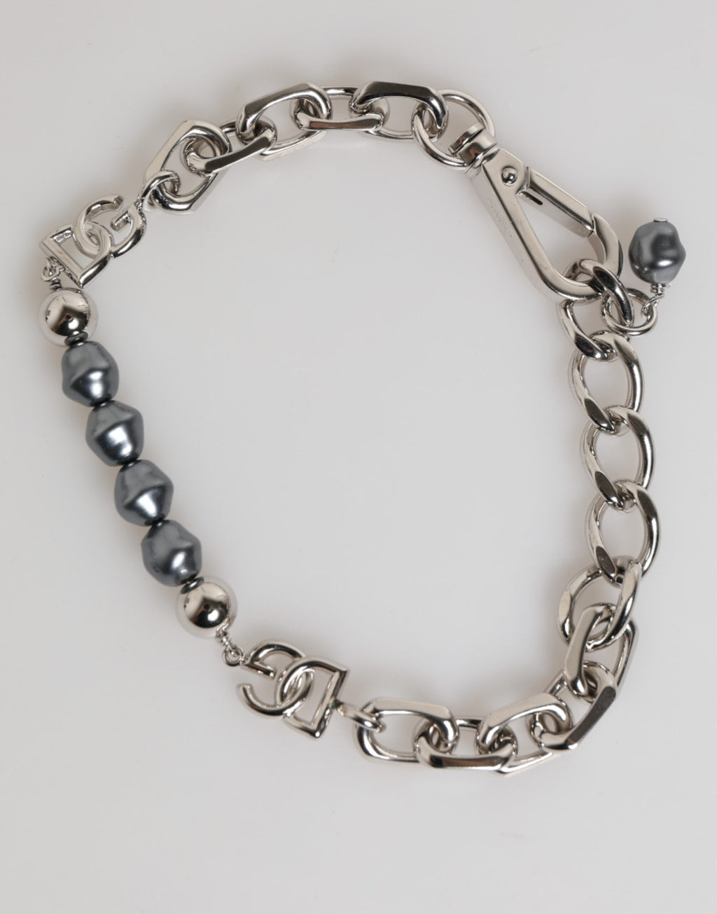 Dolce & Gabbana Silver Tone Chain Lobster Clasp Logo Gray Pearls Bracelet
