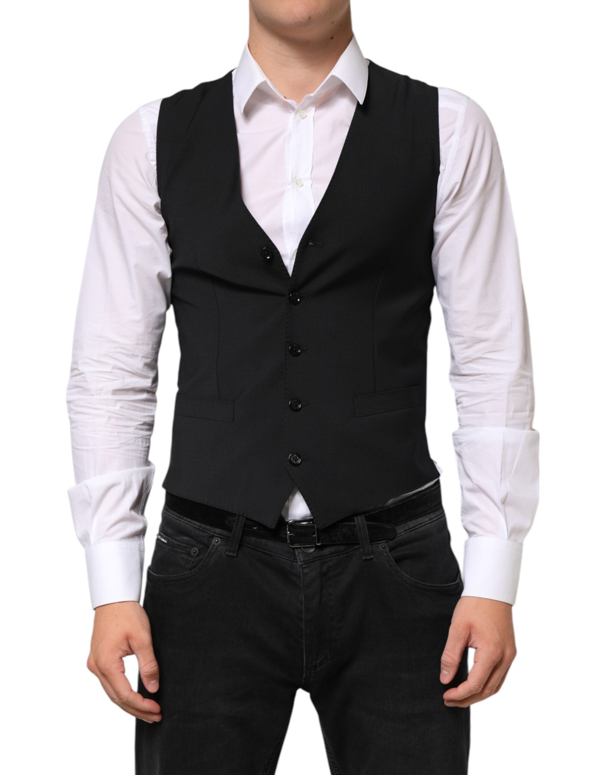 Dolce & Gabbana Black Wool Dress Formal Men Waistcoat Vest