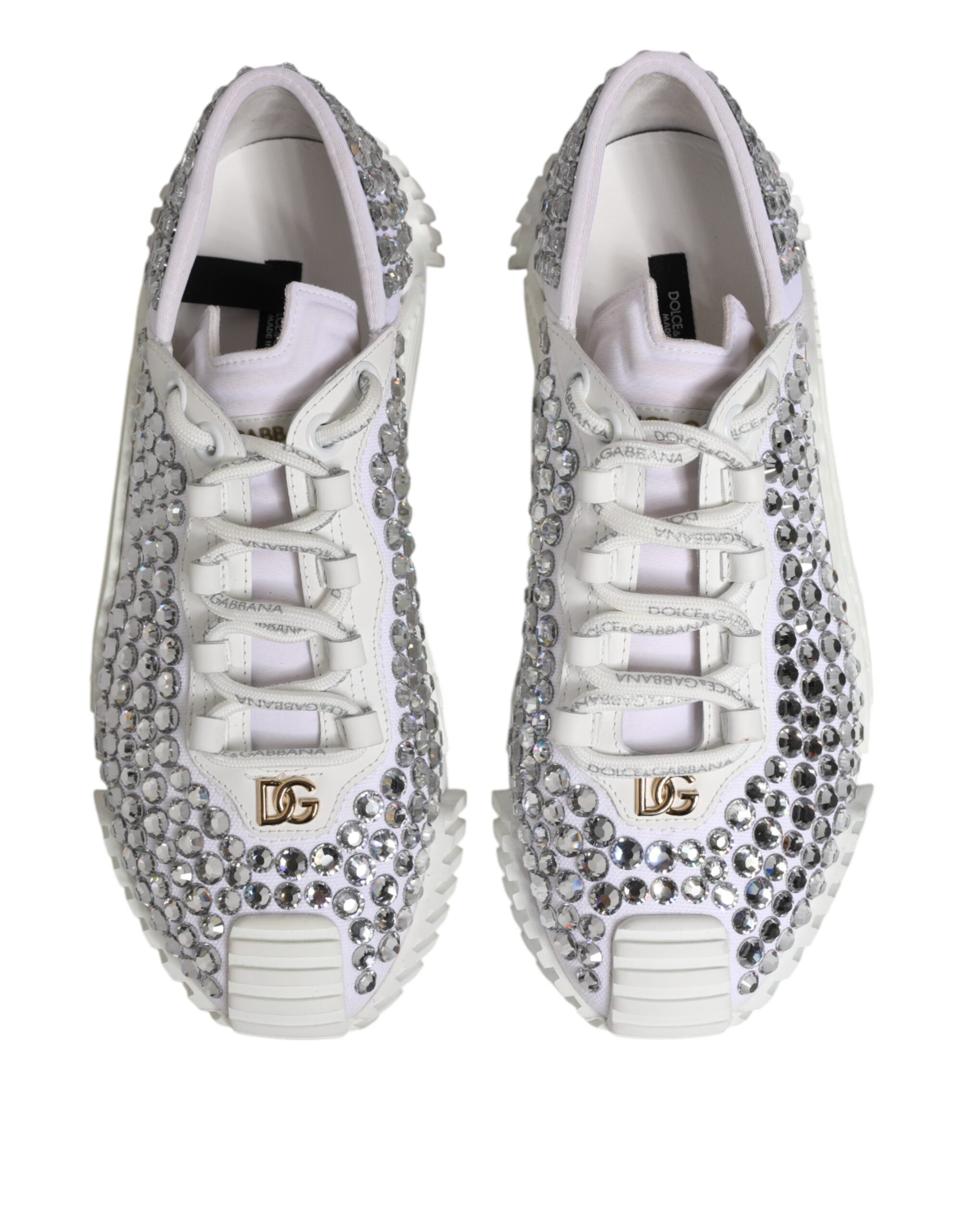 Dolce & Gabbana White NS1 Canvas Leather Embellished Sneakers Shoes