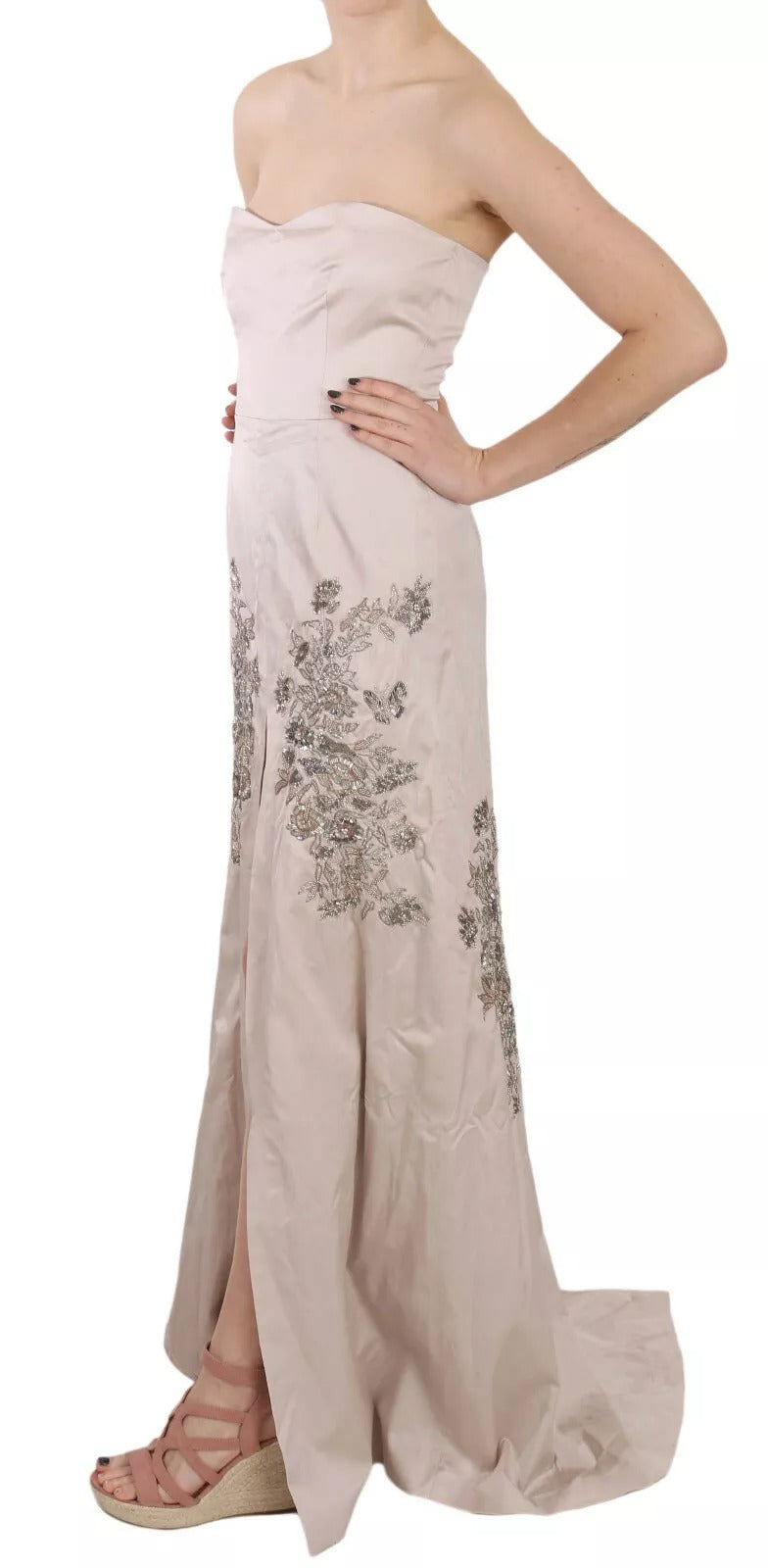 Vestido de fiesta Dolce & Gabbana acampanado con lentejuelas beige y diseño floral