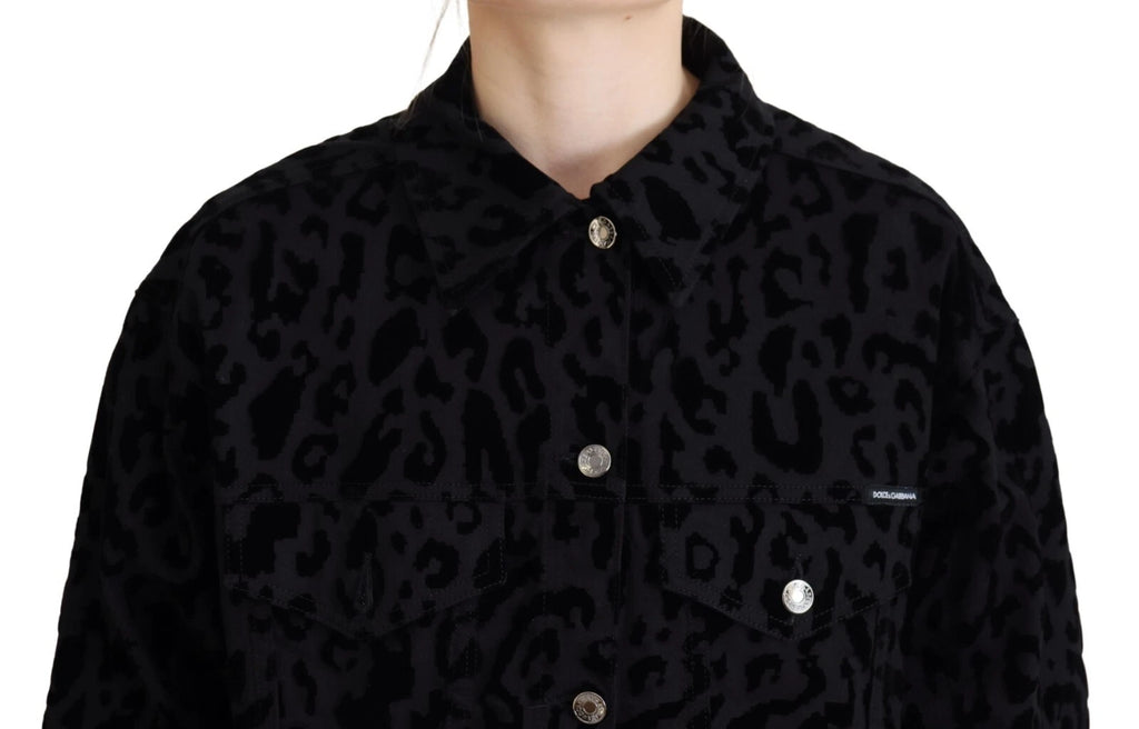 Dolce & Gabbana Chaqueta vaquera de manga larga de algodón negro con estampado de leopardo