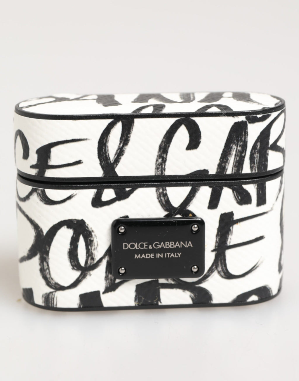 Dolce & Gabbana Black White Leather Monogram Print Logo Holder Airpods Case