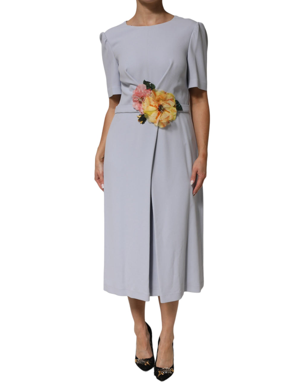 Dolce & Gabbana Light Blue Viscose Blend Floral Applique Dress