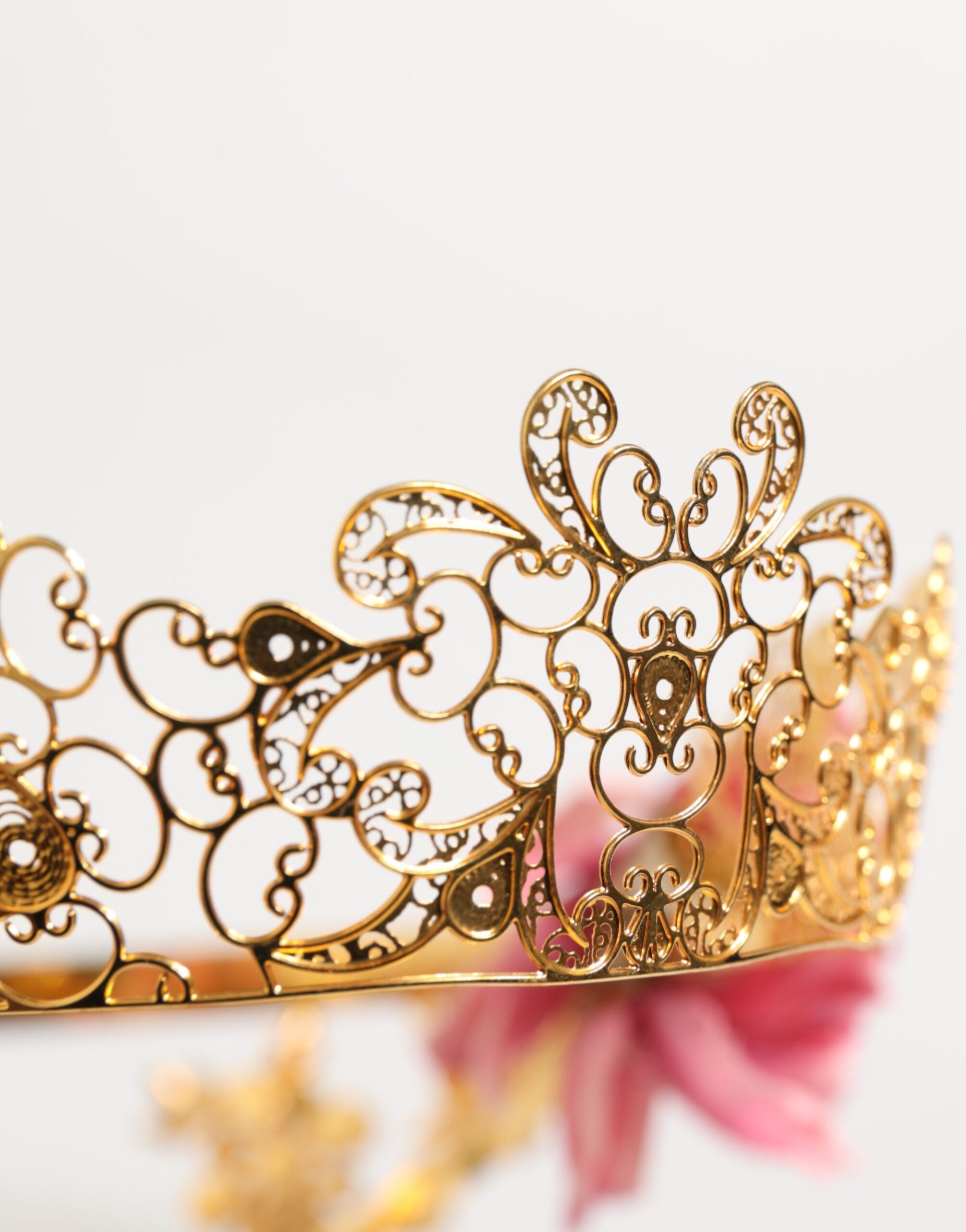 Dolce & Gabbana Gold Floral Tiara Pink Roses Crystal Crown Headband