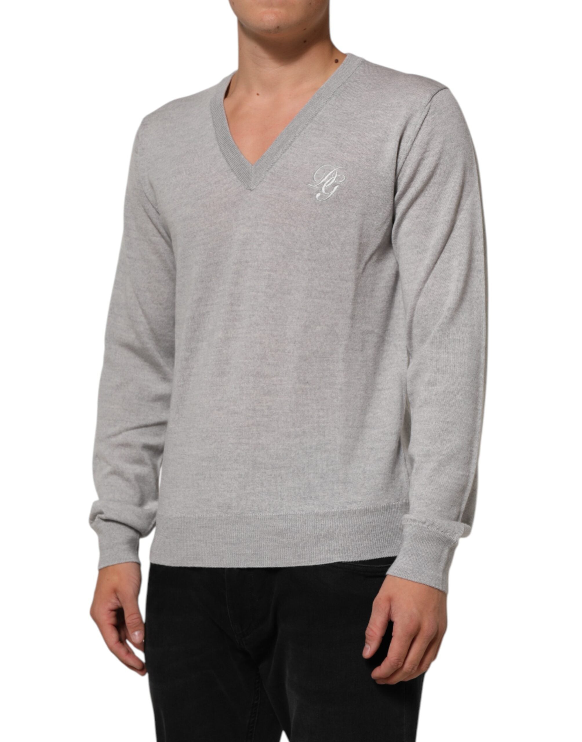 Suéter Pulóver Dolce & Gabbana de Lana Gris con Logo y Cuello en V
