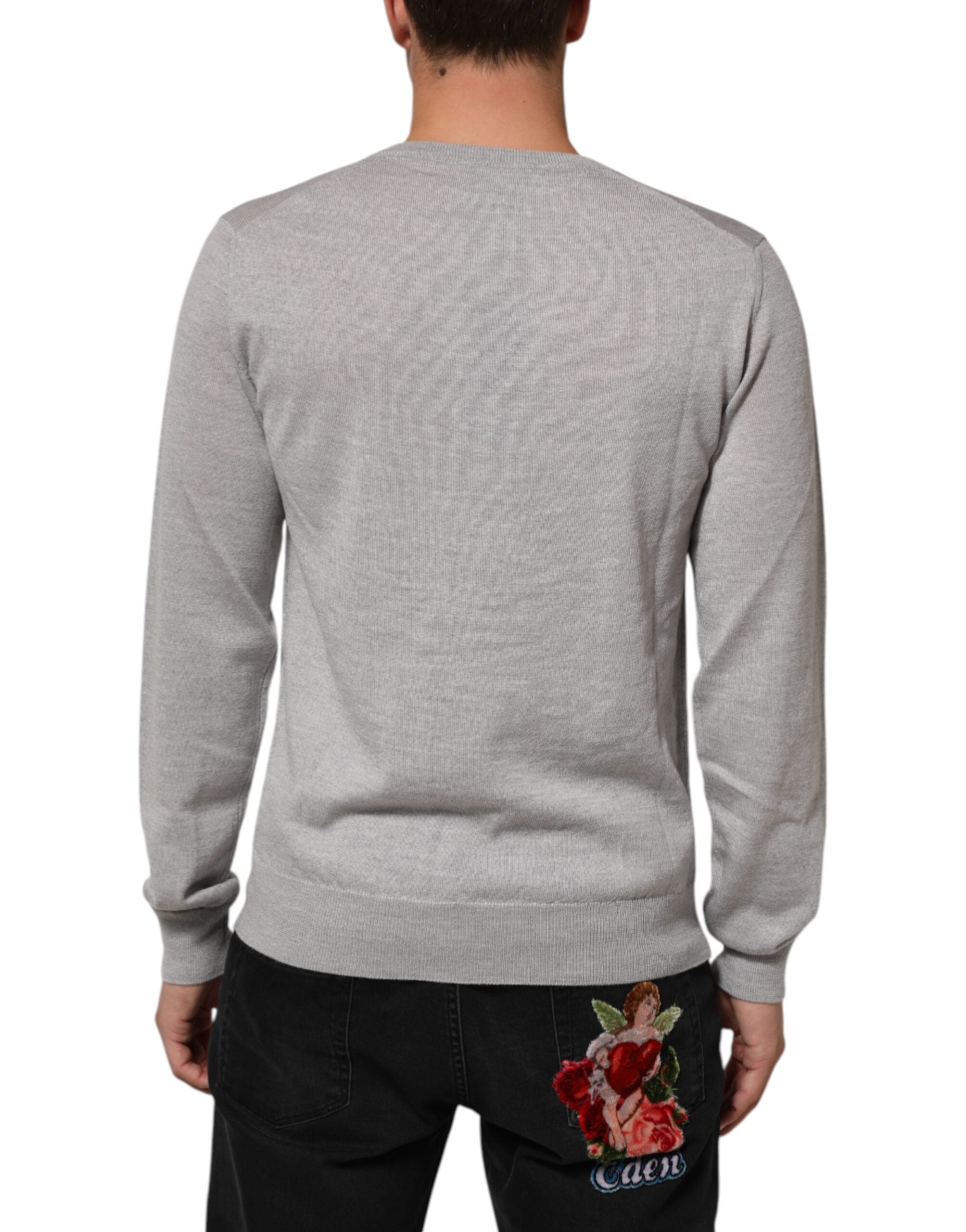 Suéter Pulóver Dolce & Gabbana de Lana Gris con Logo y Cuello en V
