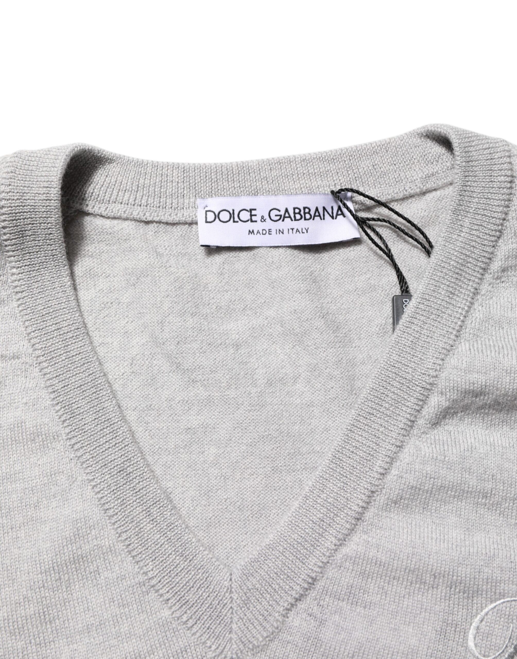 Suéter Pulóver Dolce & Gabbana de Lana Gris con Logo y Cuello en V