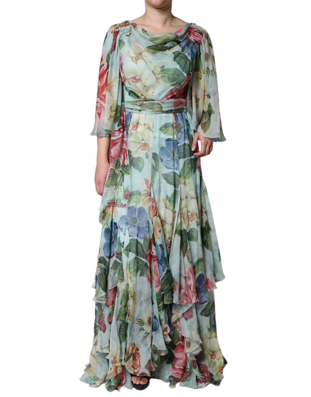 Vestido maxi largo escalonado con estampado floral azul de Dolce & Gabbana