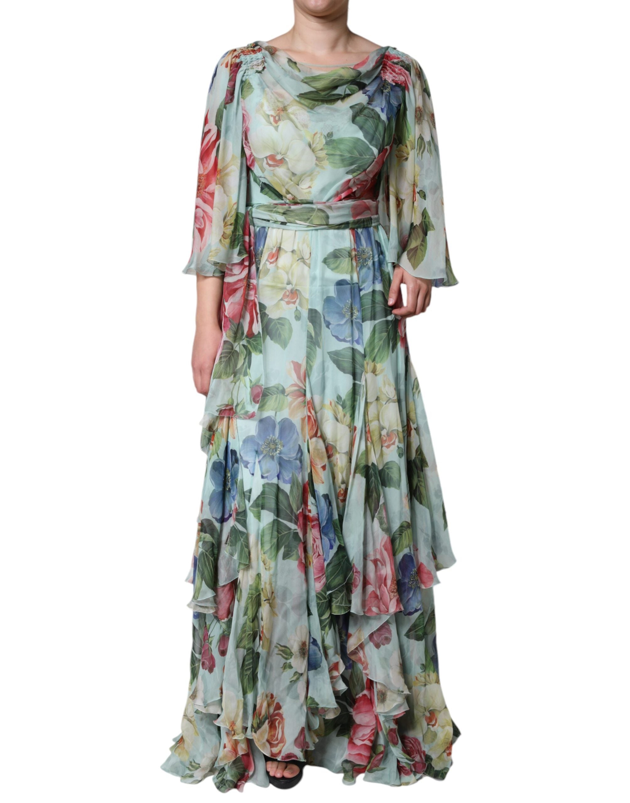 Vestido maxi largo escalonado con estampado floral azul de Dolce & Gabbana