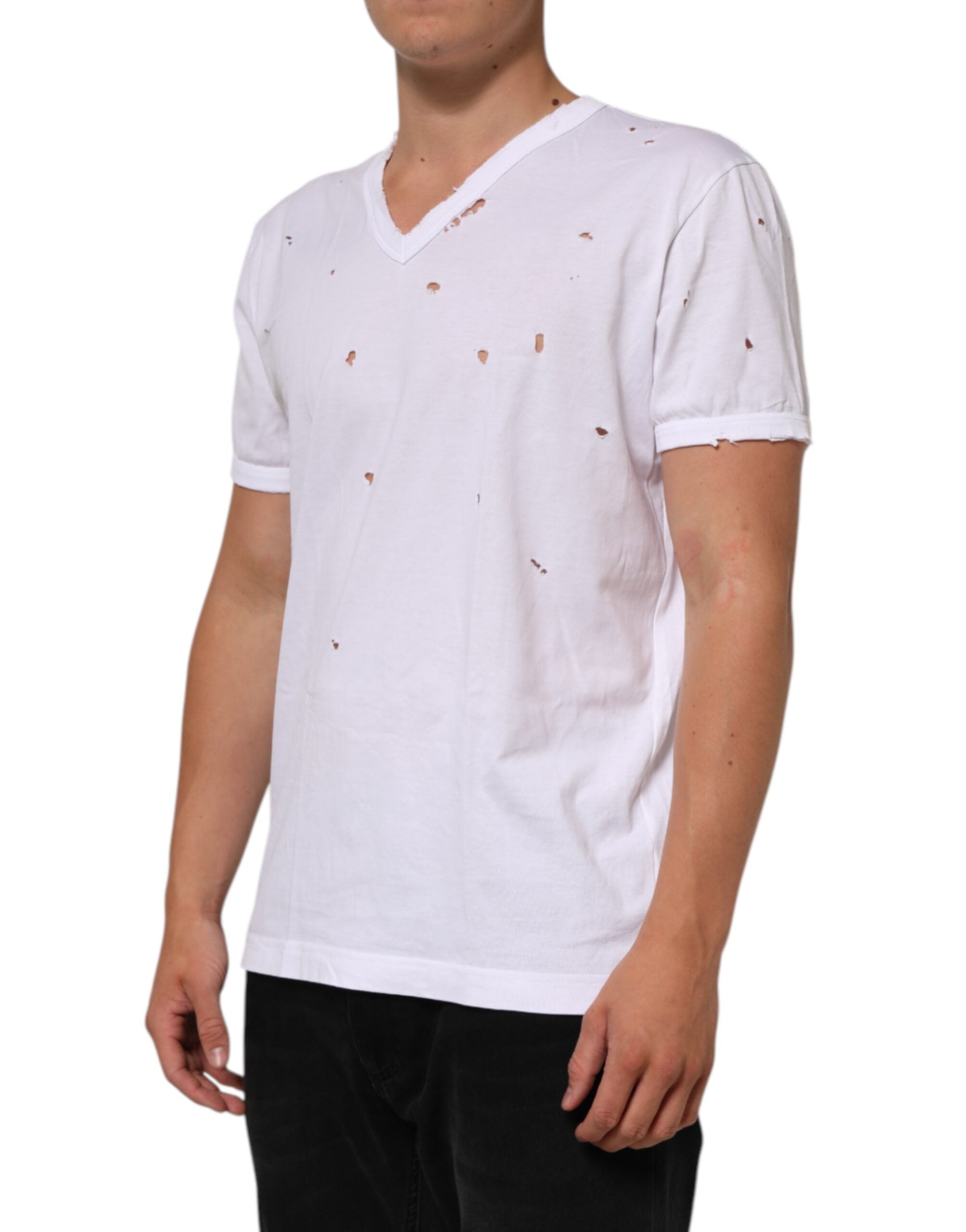 Camiseta de hombre Dolce & Gabbana de algodón blanco desgastado con cuello de pico