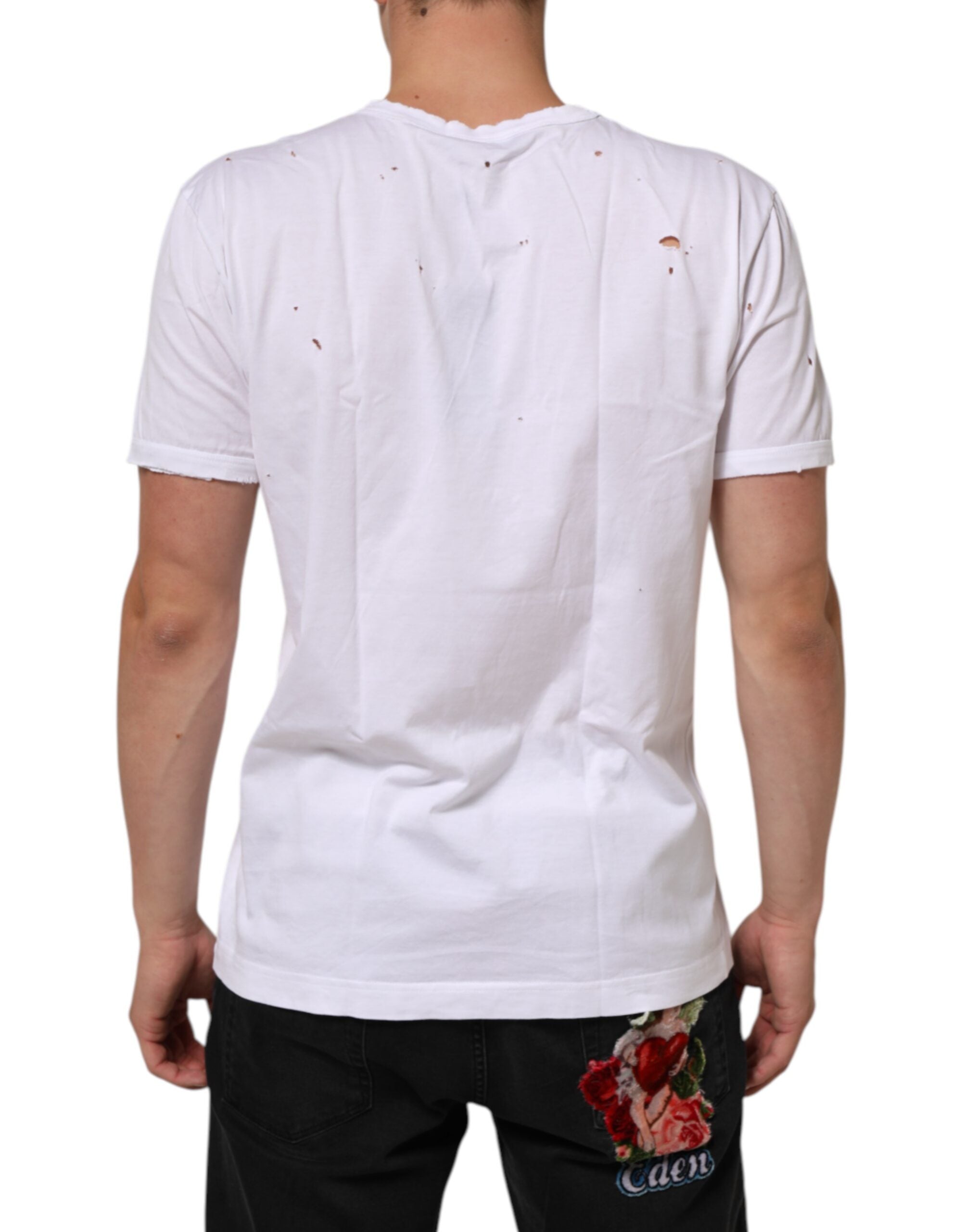 Camiseta de hombre Dolce & Gabbana de algodón blanco desgastado con cuello de pico