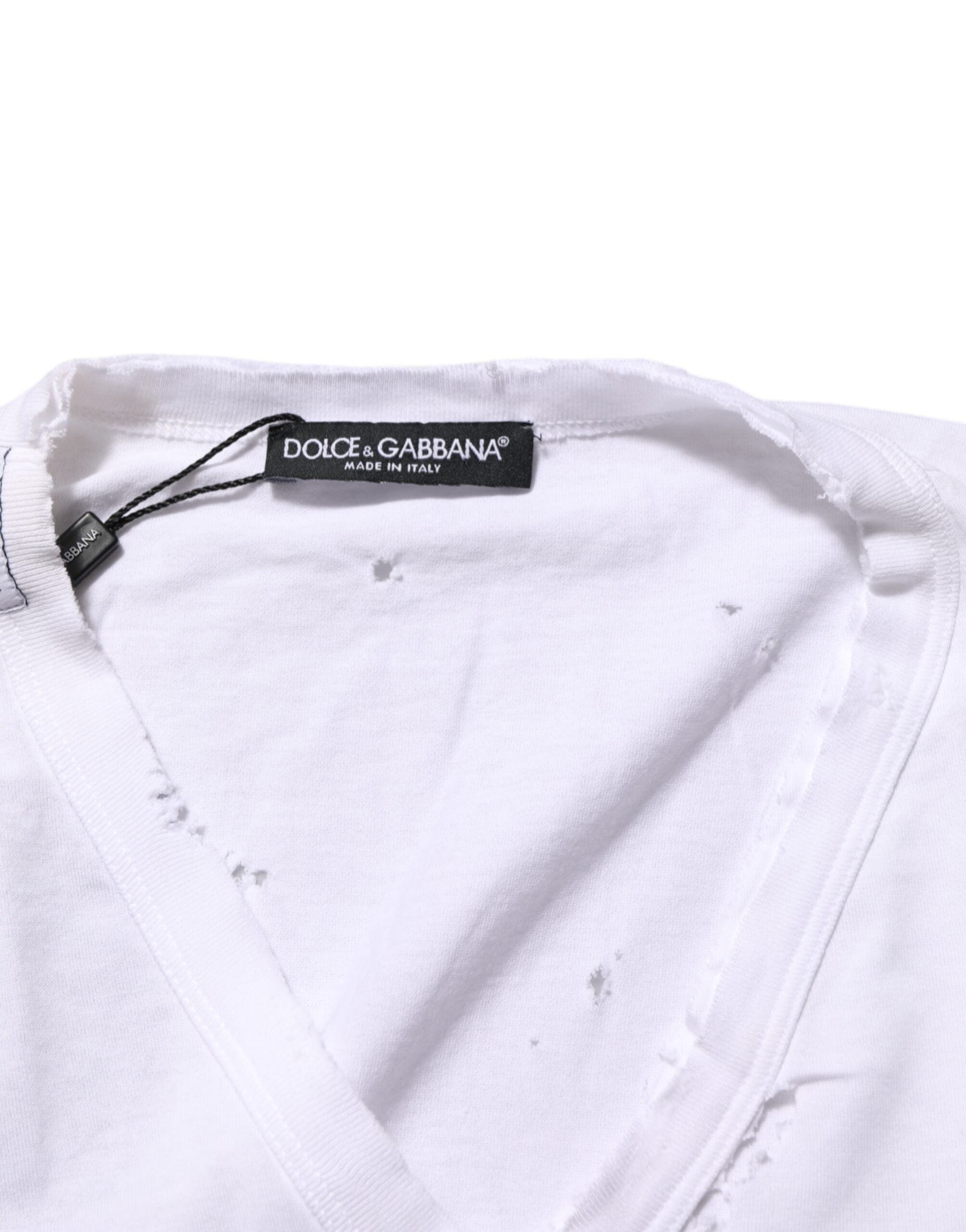 Camiseta de hombre Dolce & Gabbana de algodón blanco desgastado con cuello de pico
