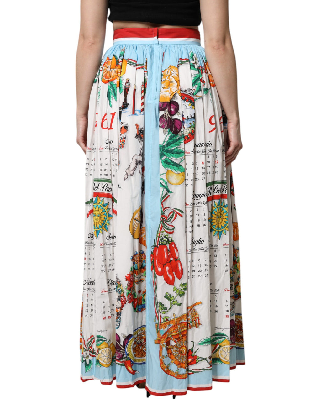 Dolce & Gabbana White Calendar Print Cotton Gathered Maxi Skirt