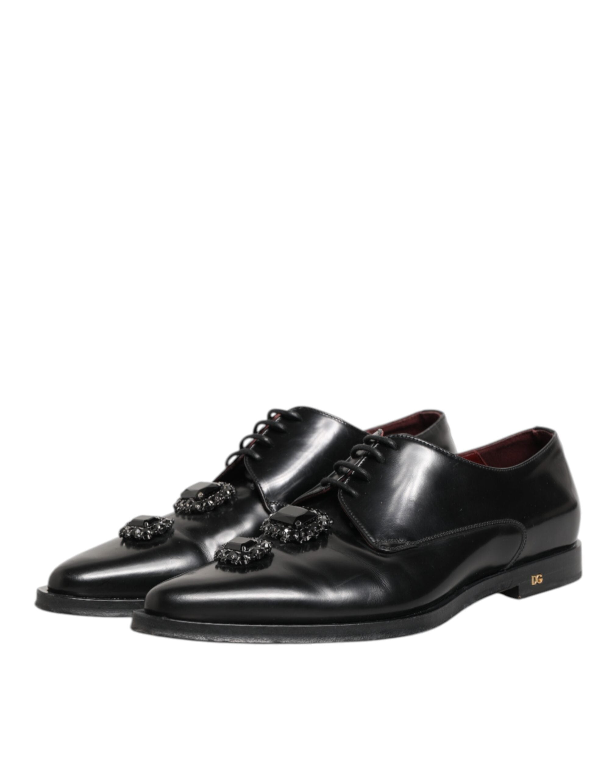 Dolce & Gabbana Black Leather Jeweled Crystals Derby Shoes