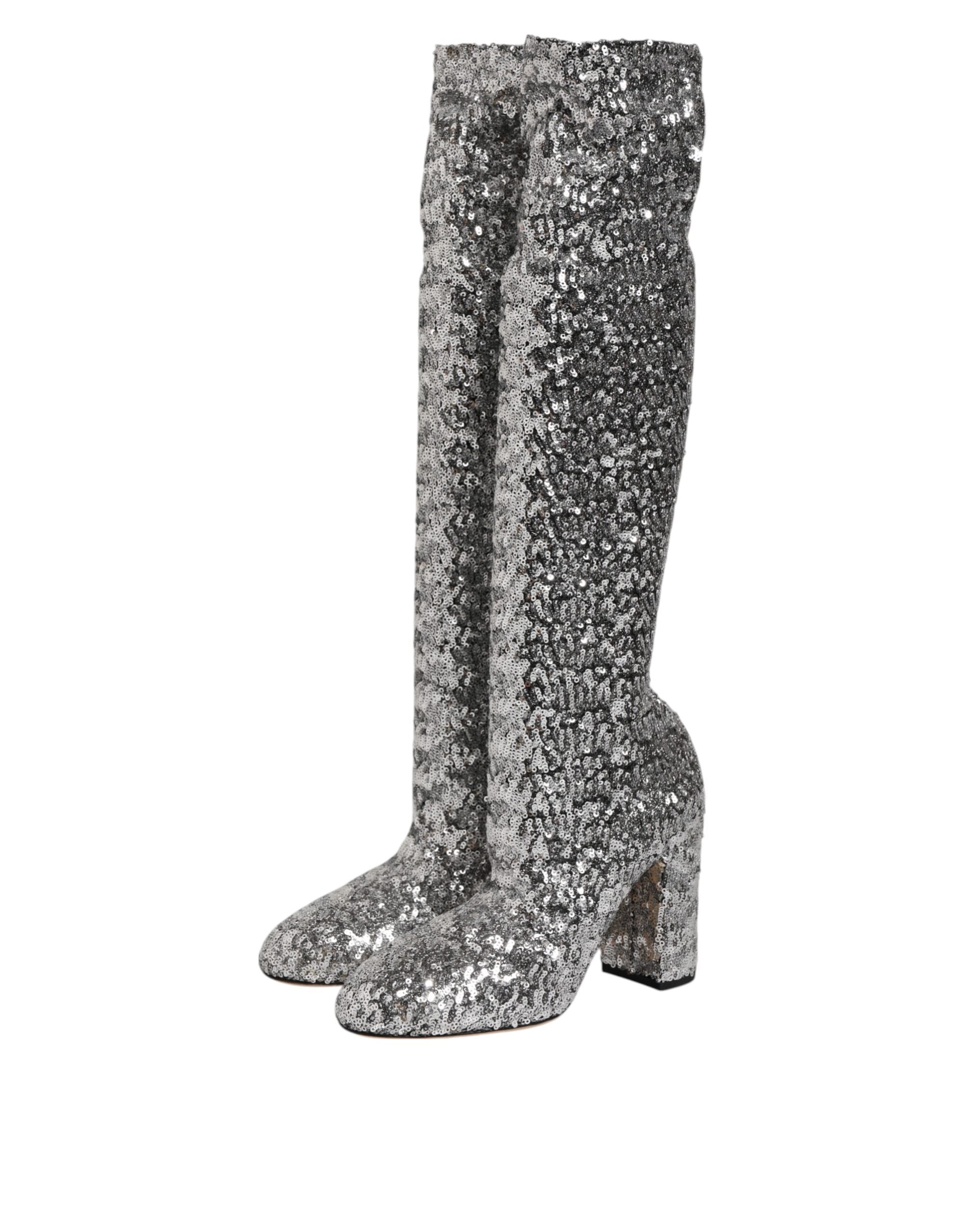 Dolce & Gabbana Silver Sequins Glitter High Heel Boot Shoes