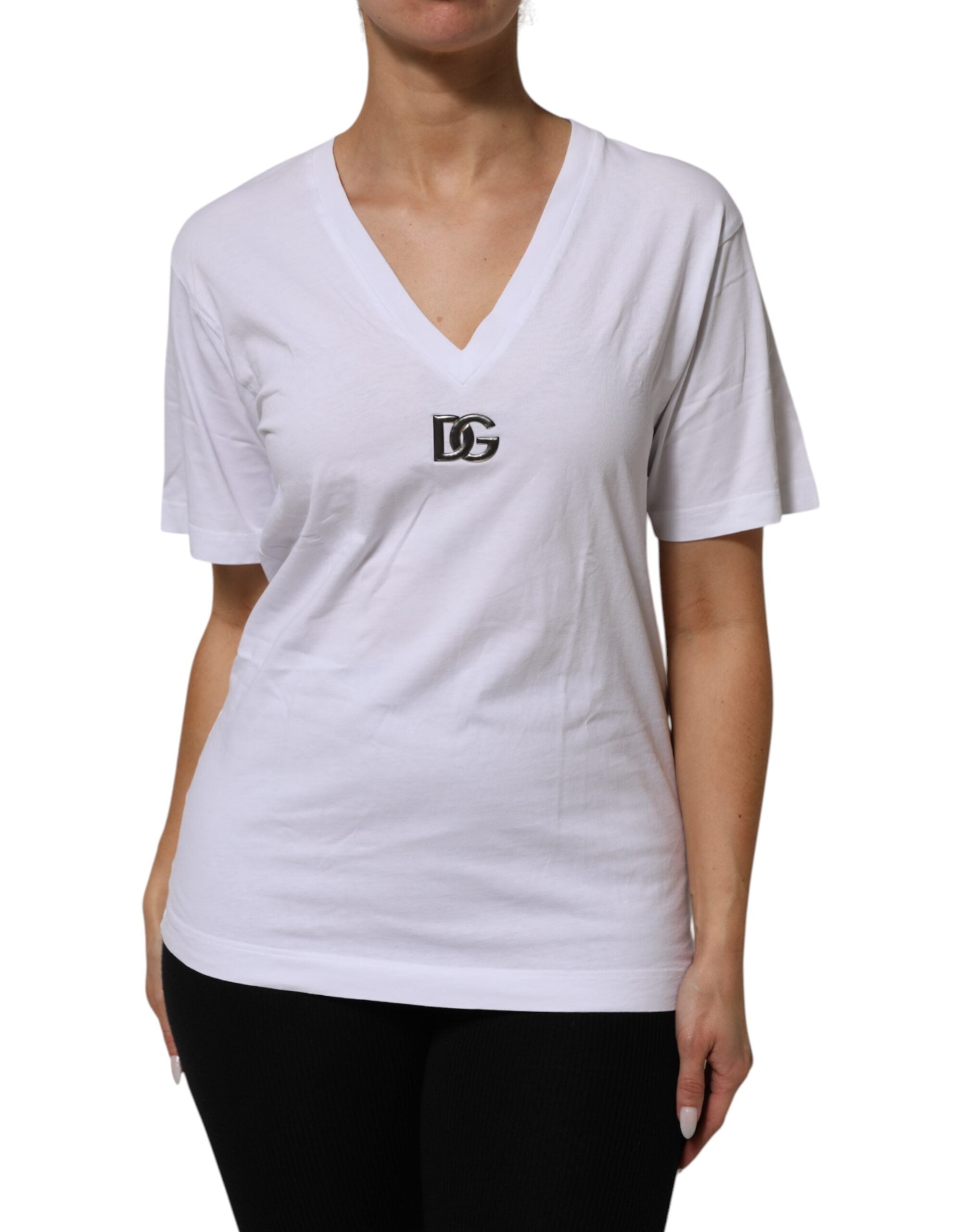 Dolce & Gabbana White Cotton V-Neck Short Sleeves T-Shirt