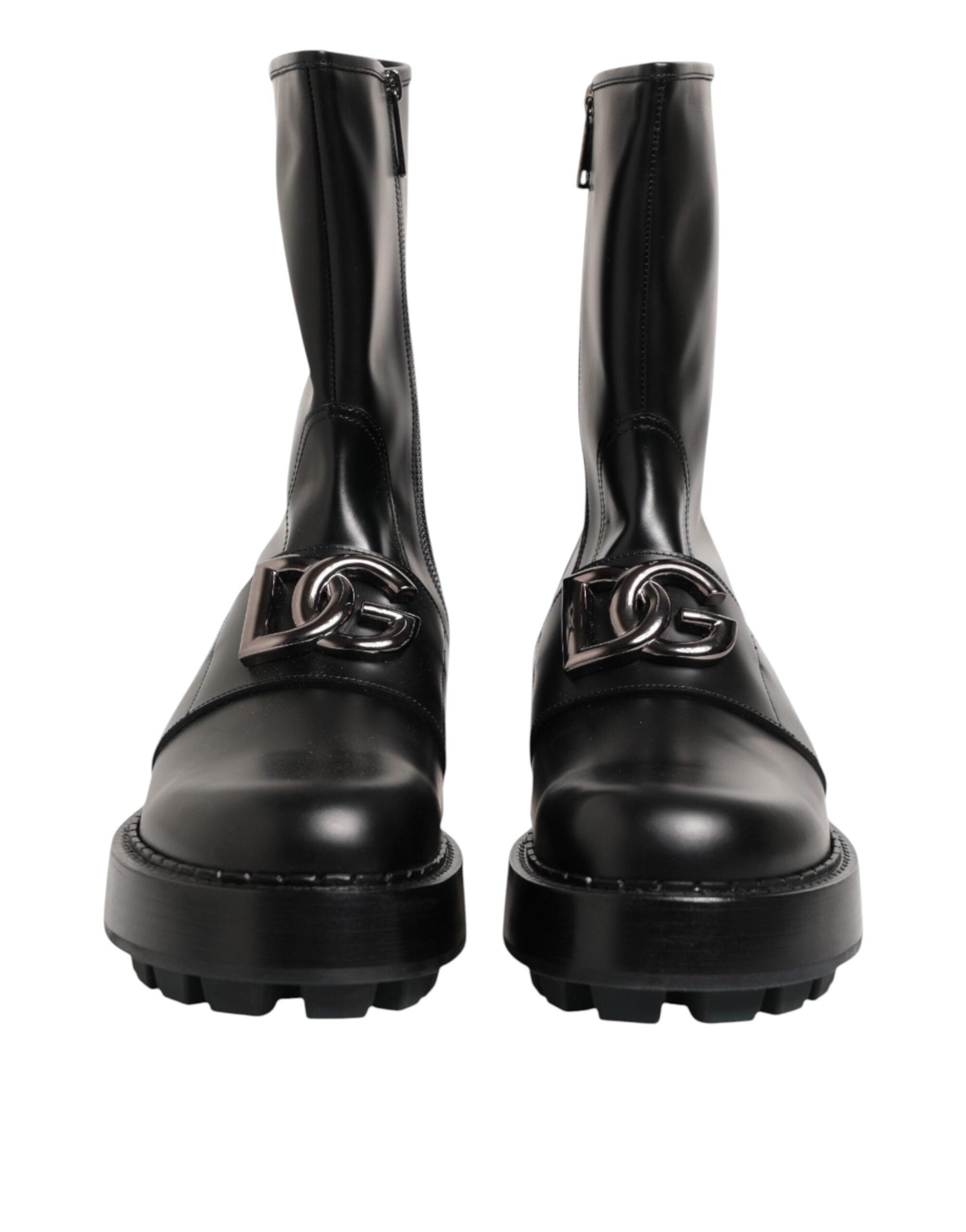 Dolce & Gabbana Black Logo Plaque Mid Calf Biker Boots Shoes