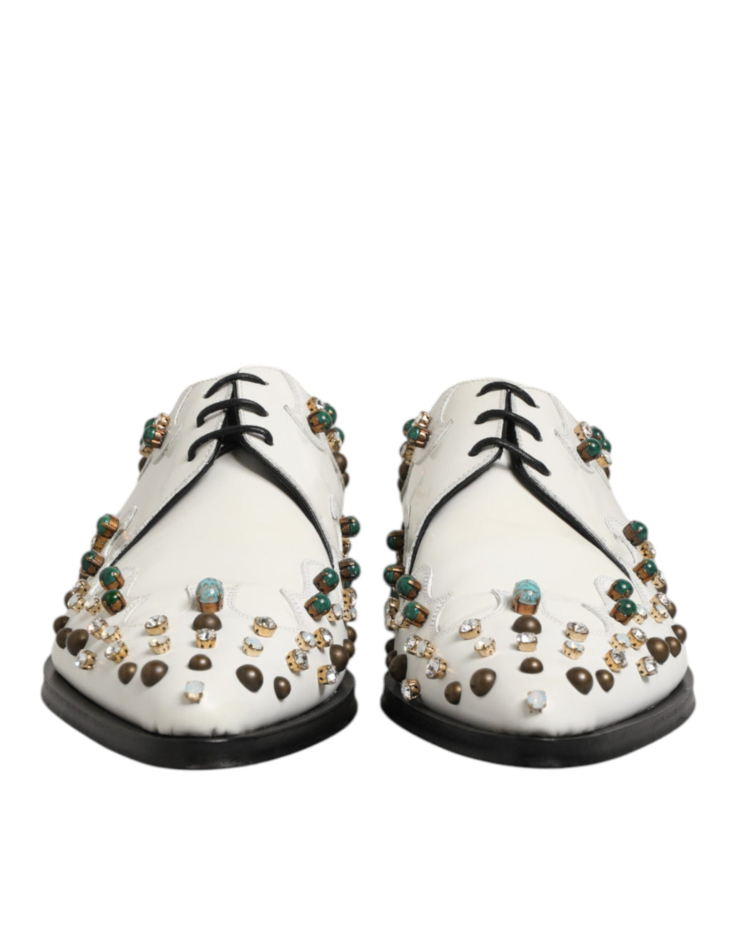 Dolce & Gabbana White Leather Crystals Embellished Derby Shoes