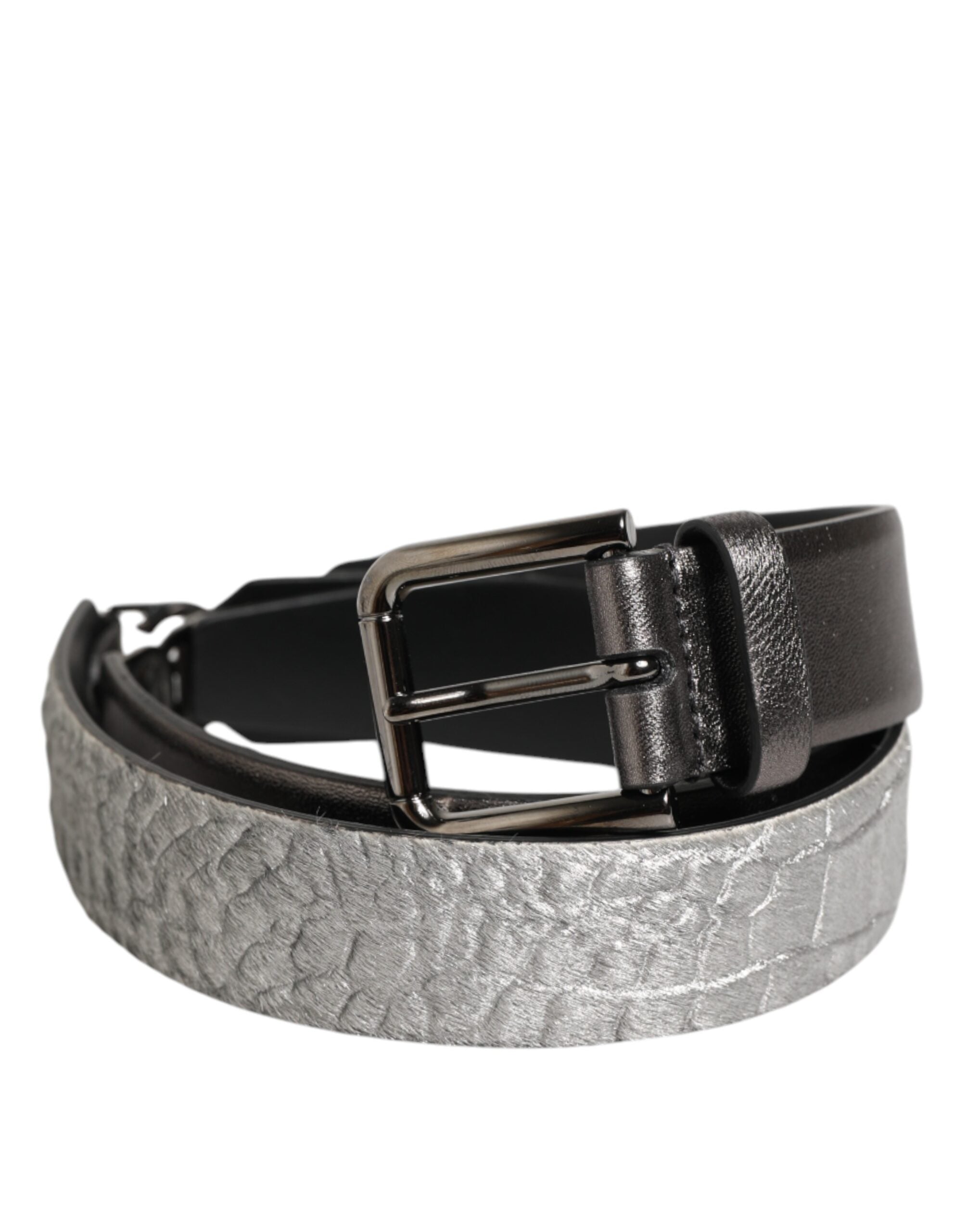 Dolce & Gabbana Black Silver Pebbled Texture Leather Buckle Men Belt