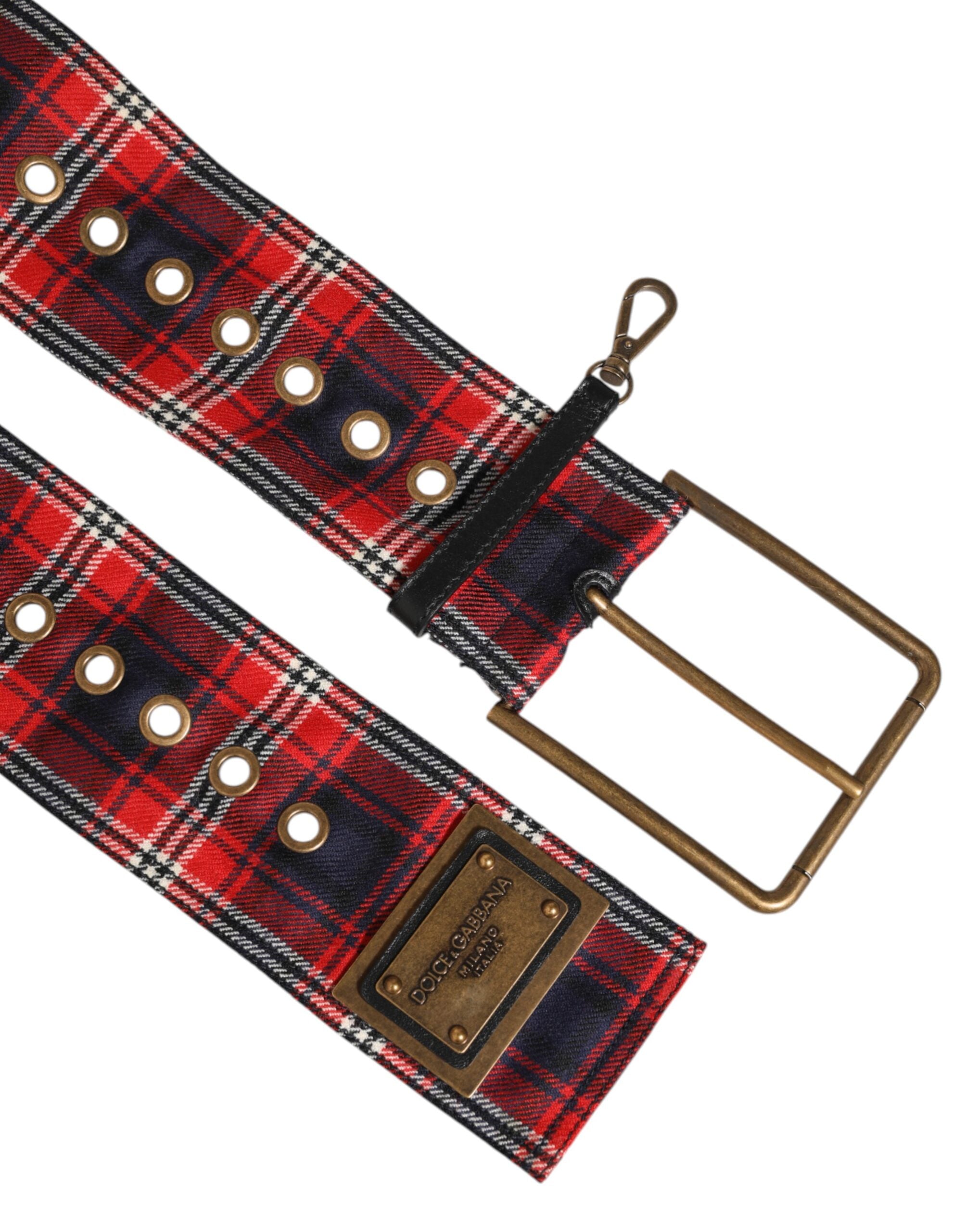 Dolce & Gabbana Red Plaid Fabric Logo Plate Brass Buckle Belt