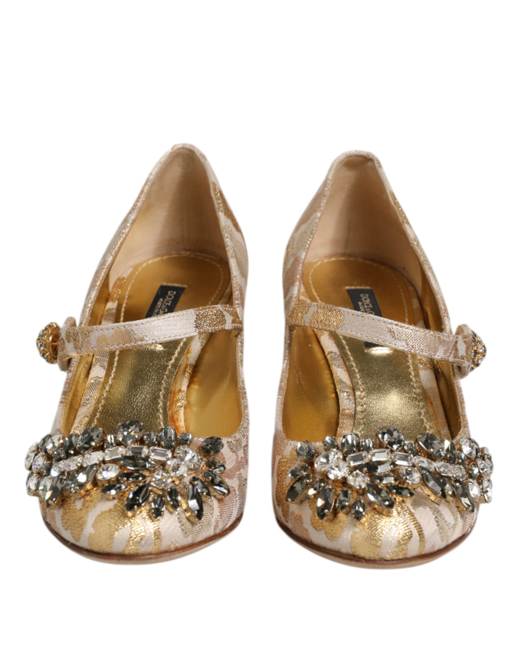 Dolce & Gabbana Gold Jacquard Crystal Mary Janes Pumps Shoes