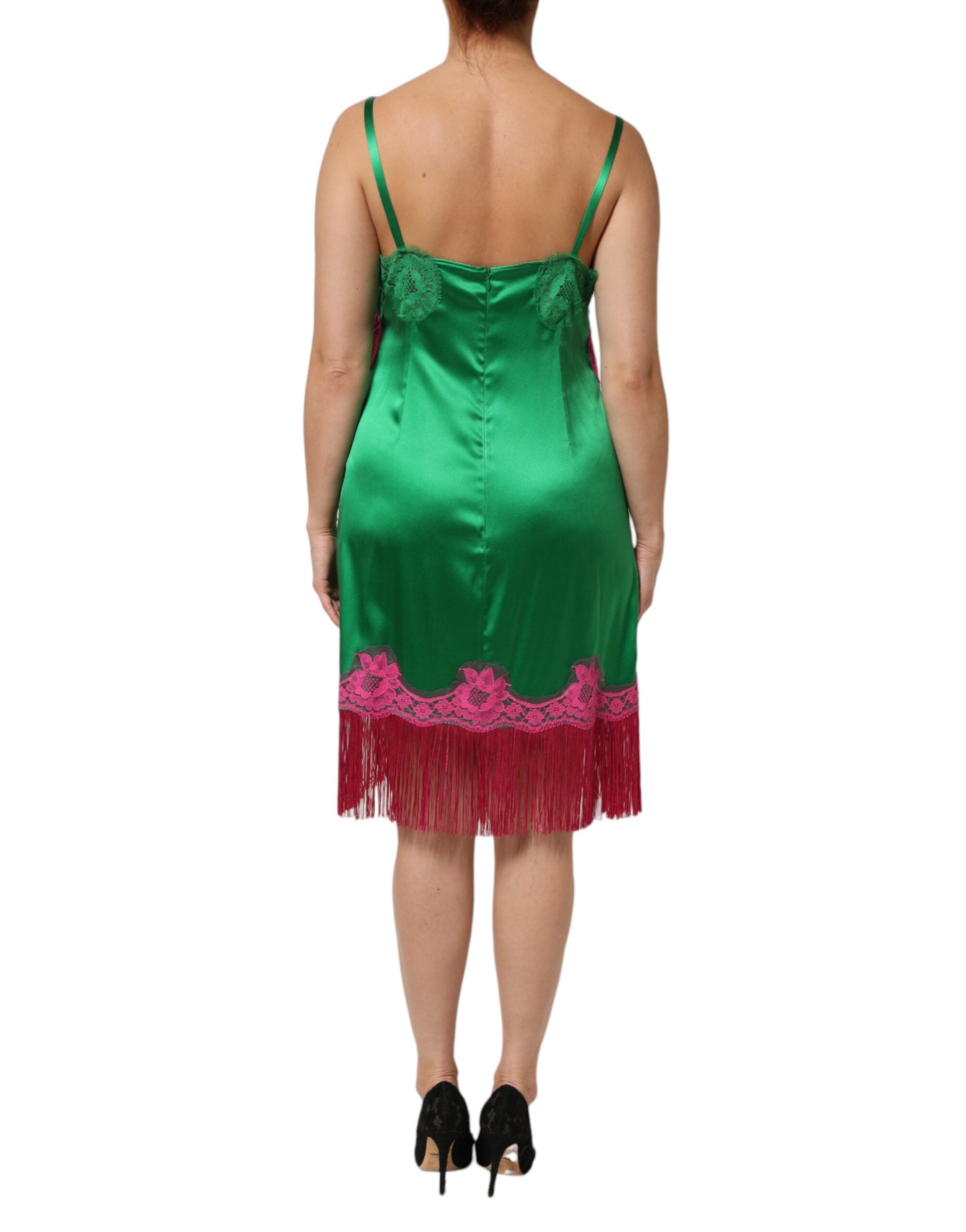 Dolce & Gabbana Green Floral Lace Fringes Lingerie Dress