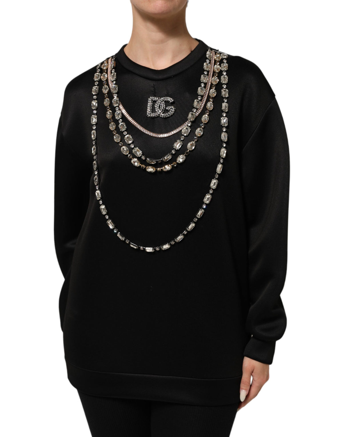 Dolce & Gabbana Black Crystal DG Necklace Sweatshirt Sweater