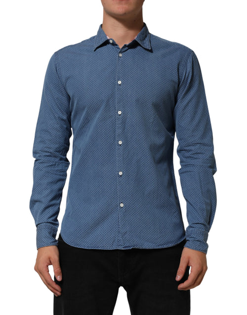Chemise Décontractée à Manches Longues et Col en Coton Bleu Coupe Slim AGLINI