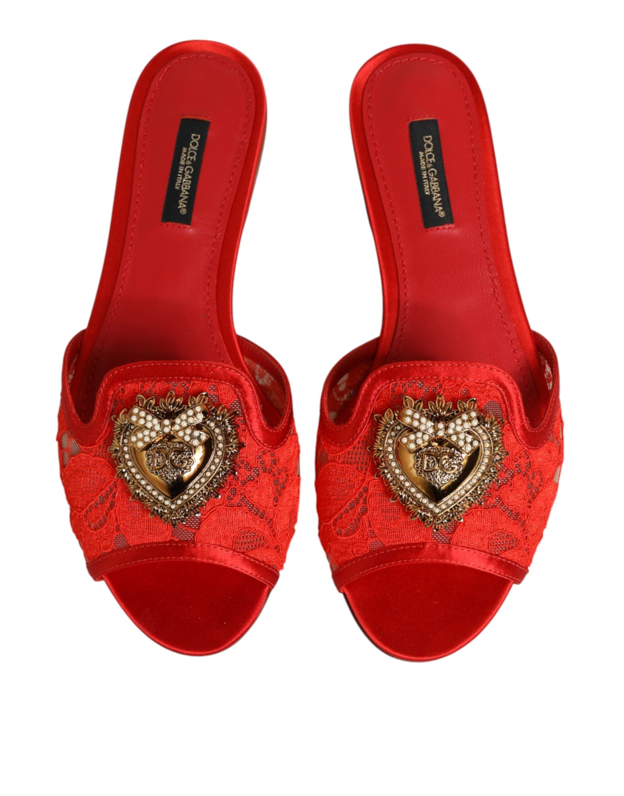 Dolce & Gabbana Red Devotion Lace Flats Slip On Sandals Shoes