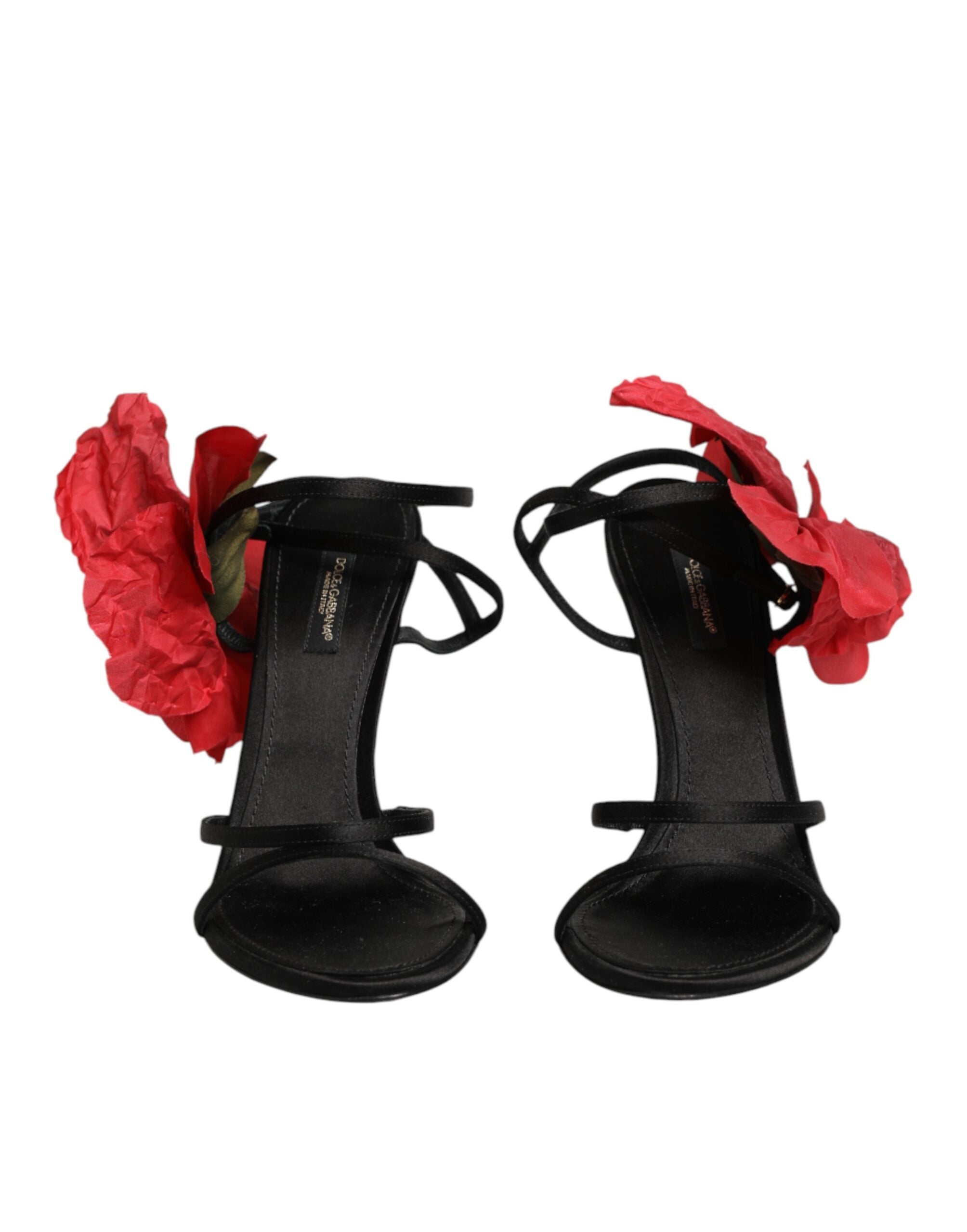 Dolce & Gabbana Black Leather Strappy Flower Heels Sandals  Shoes