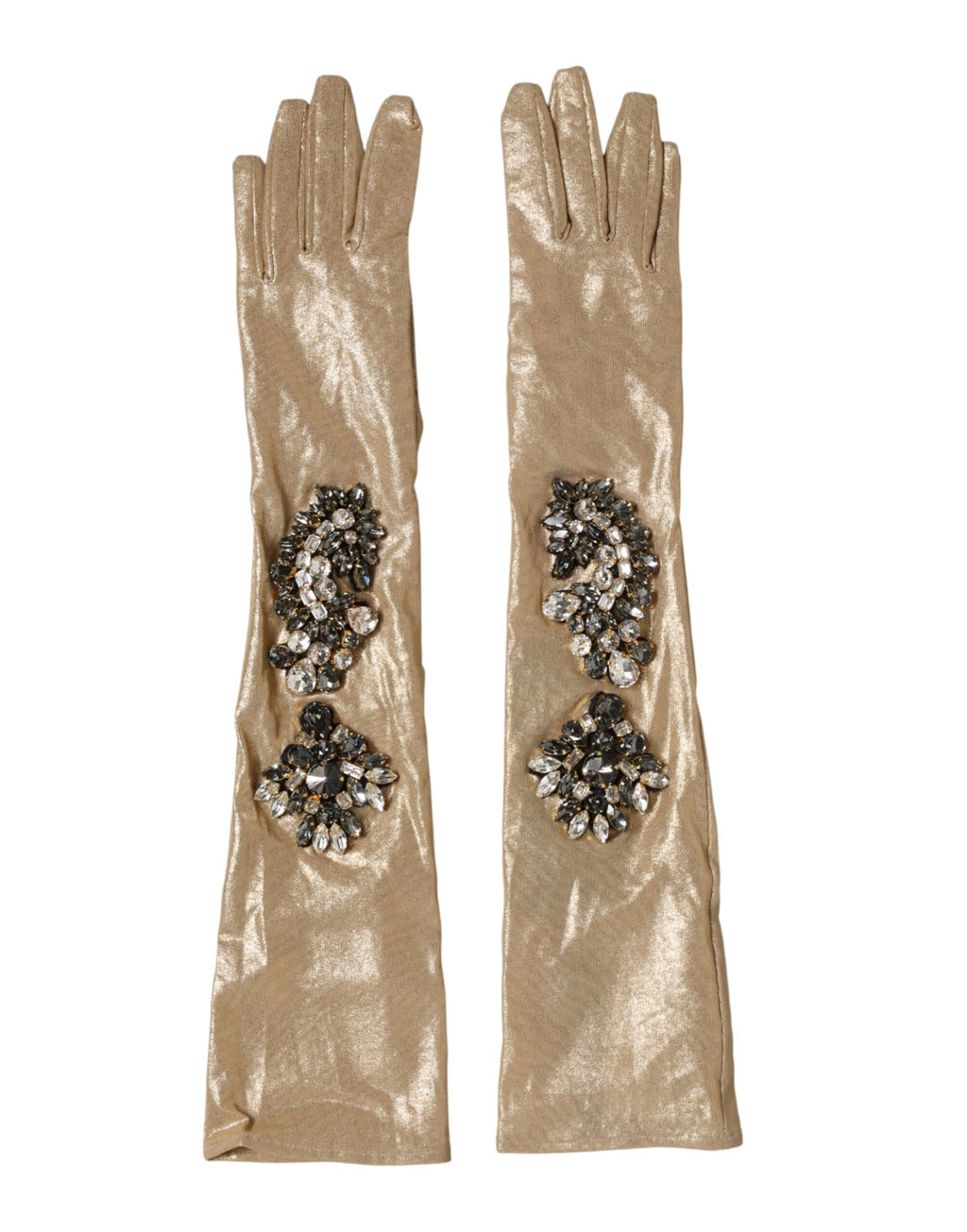 Dolce & Gabbana Beige Satin Crystal Elbow Length Mitten Gloves