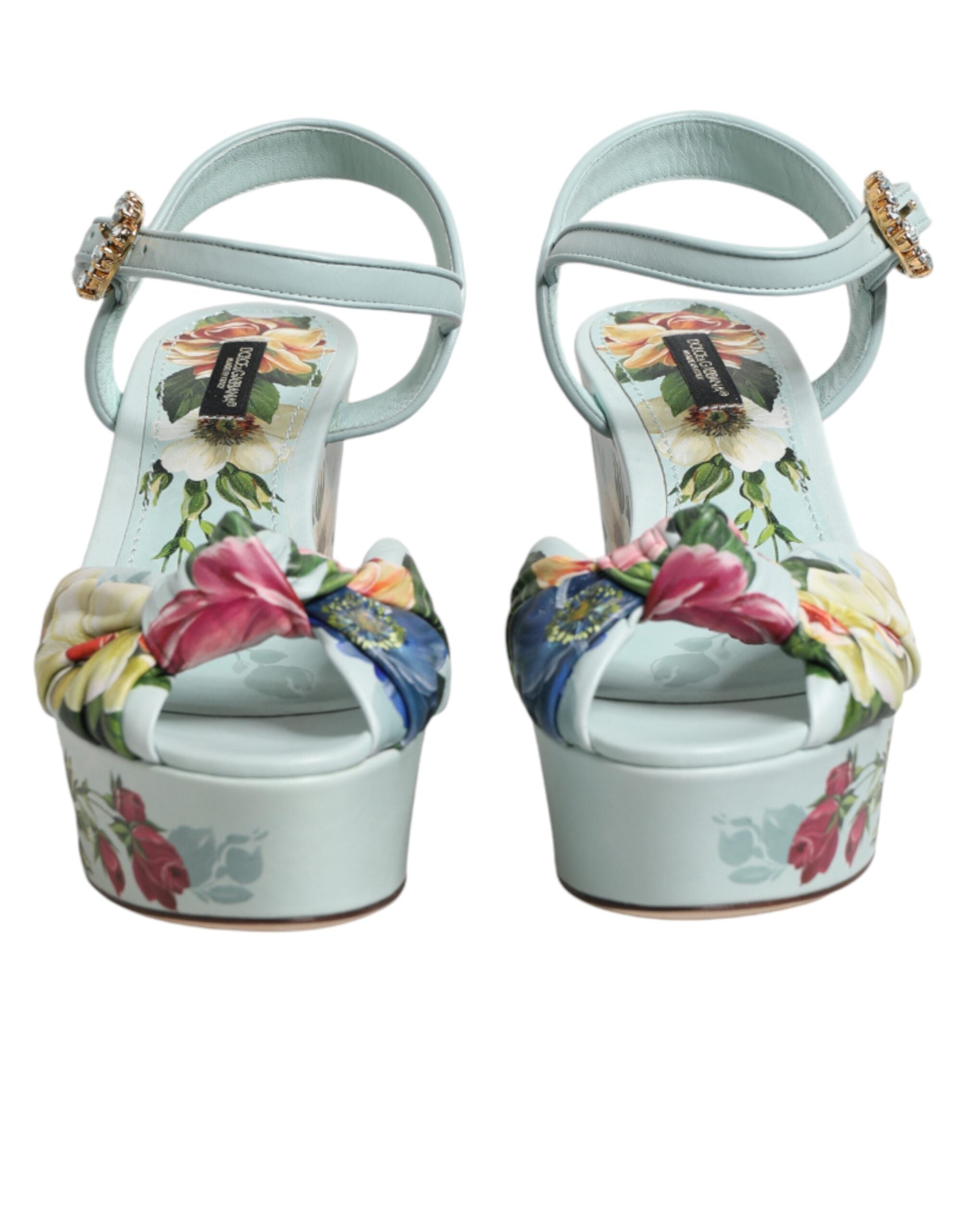 Dolce & Gabbana Green Floral Ankle Strap Wedge Sandals Shoes