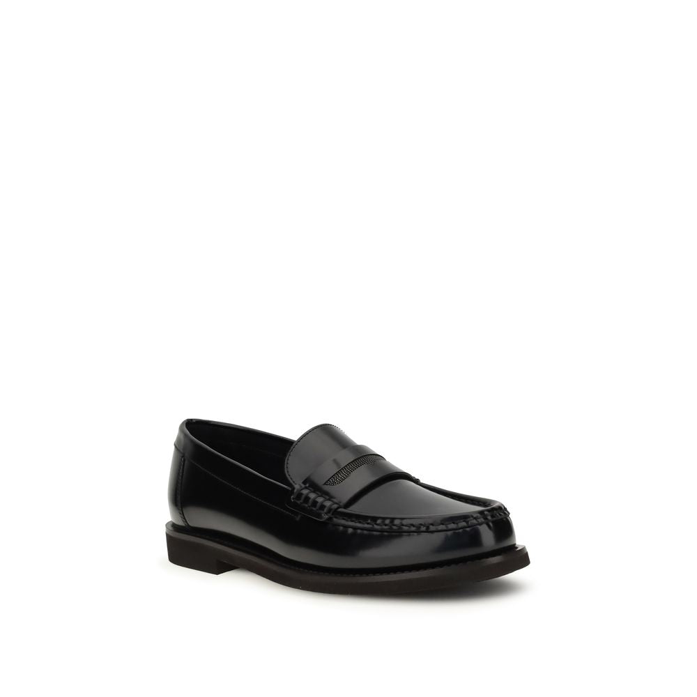 Brunello Cucinelli Black Leather Slip-On Loafers