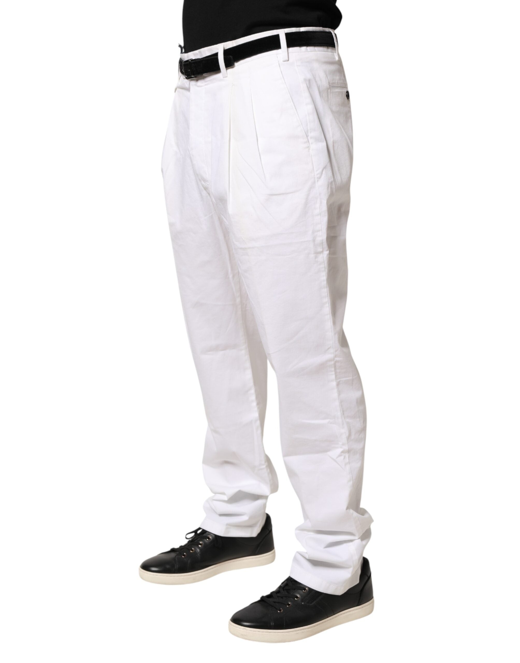 Lardini White Cotton Stretch Tapered Mid Waist Chino Pants