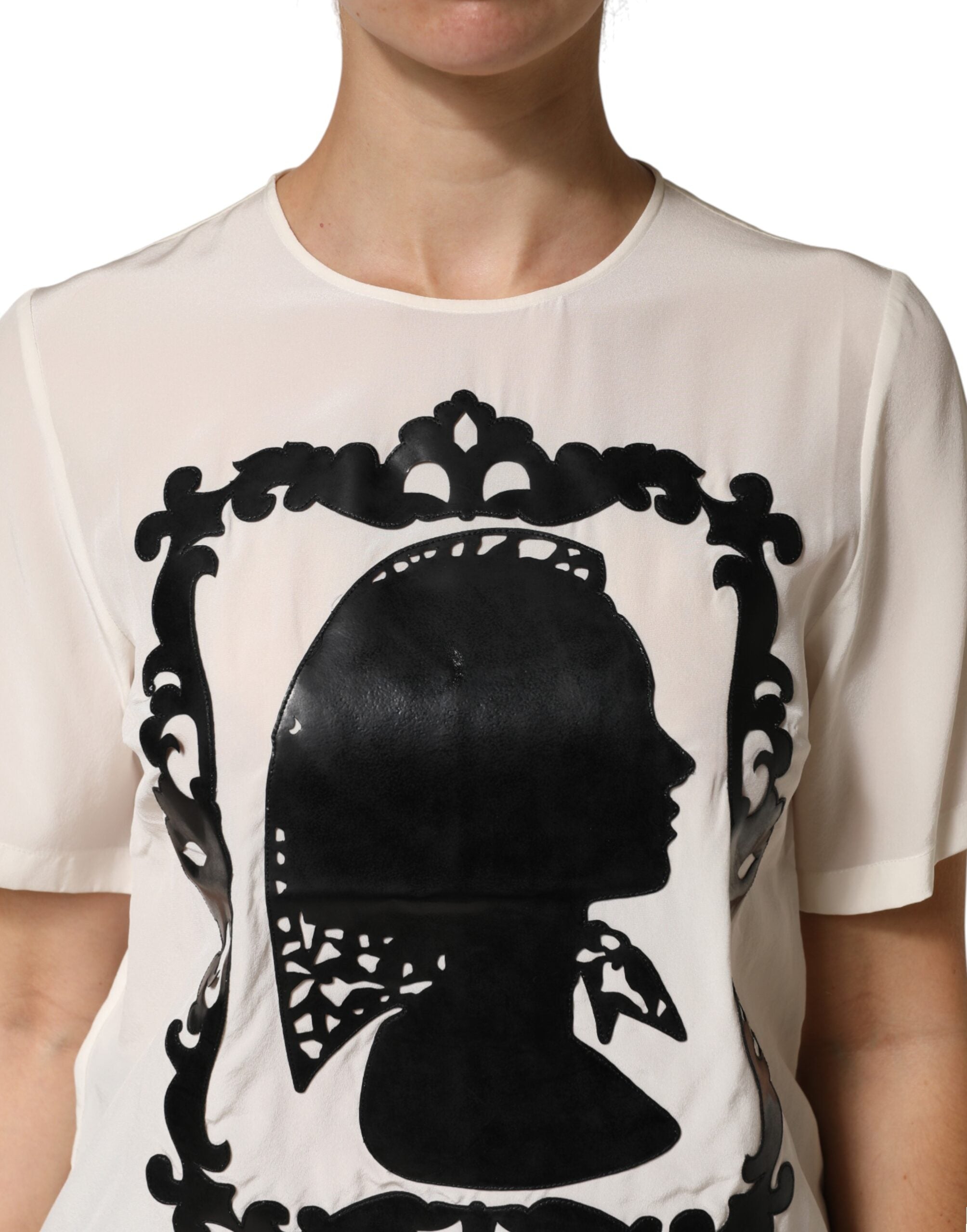 Dolce & Gabbana Cream Silk Silhouette Detail Short Sleeve Top
