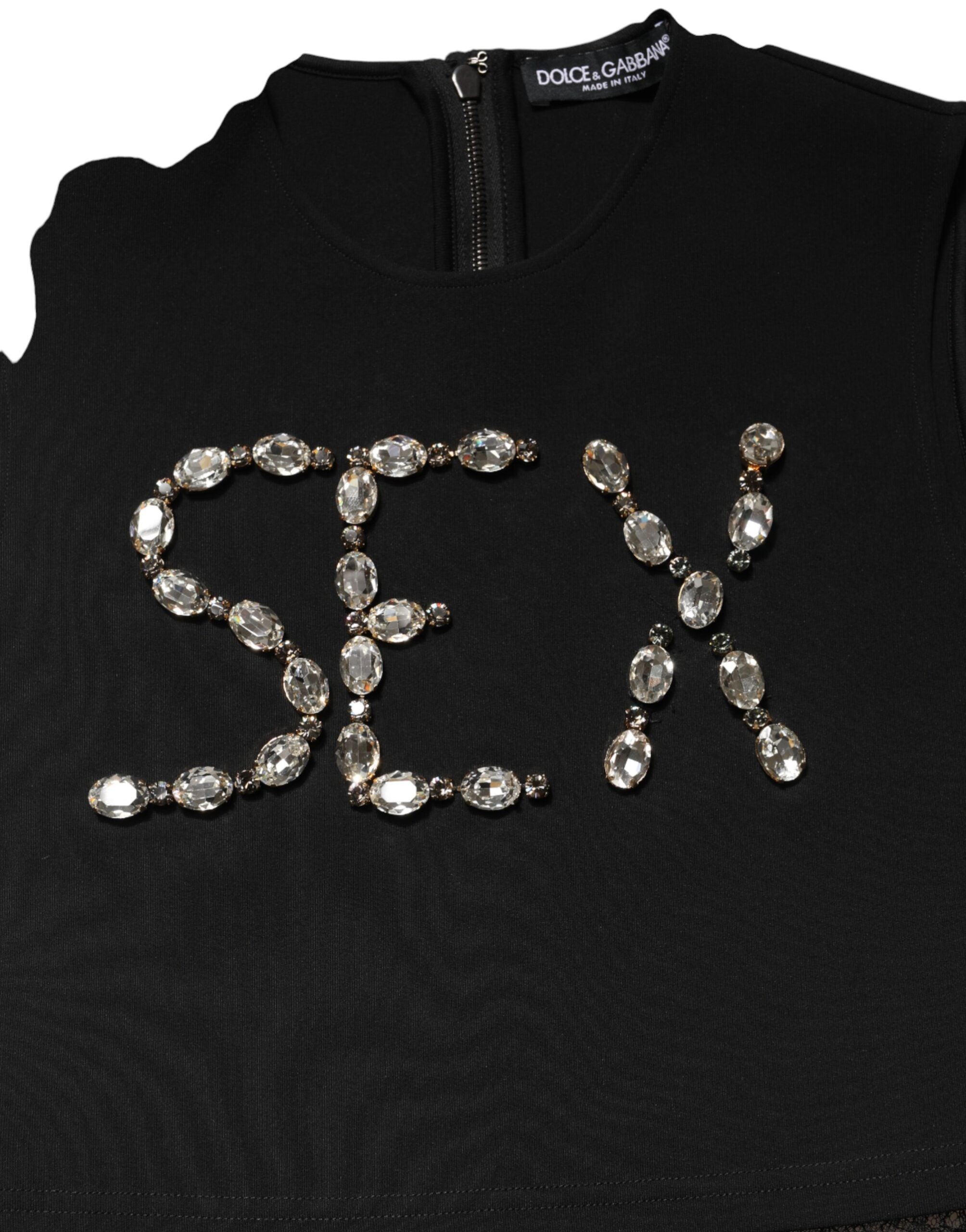 Dolce & Gabbana Black Jersey Lace Ruching Rhinestone Tank Top