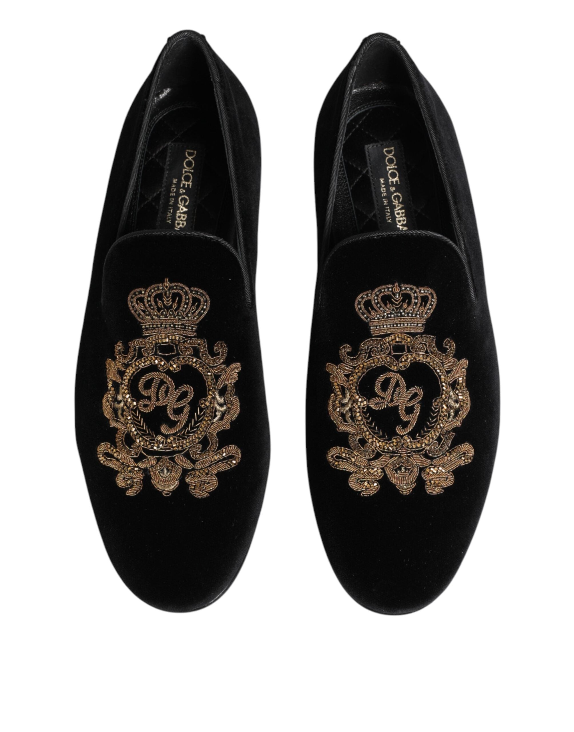 Dolce & Gabbana Black Velvet Gold Crown Mens Loafers Shoes
