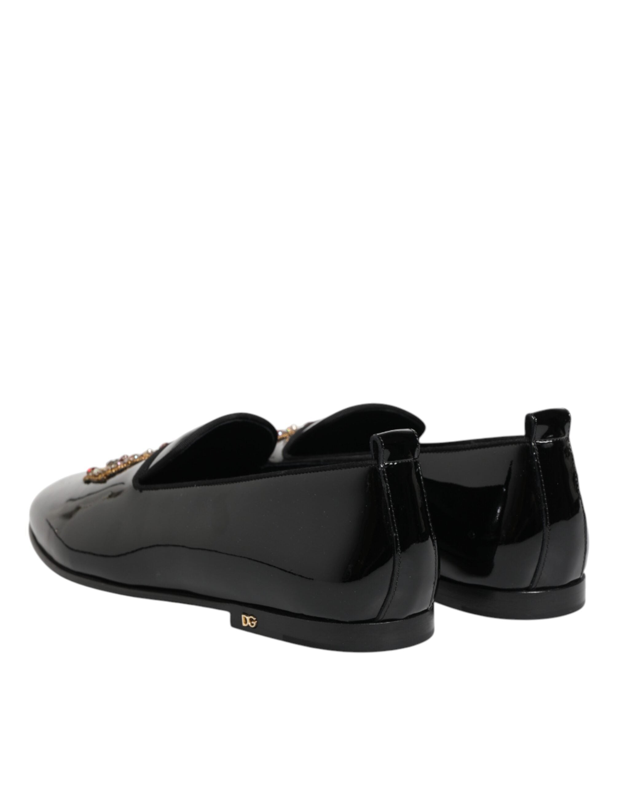 Dolce & Gabbana Black Leather Gold Crown Mens Loafers Shoes