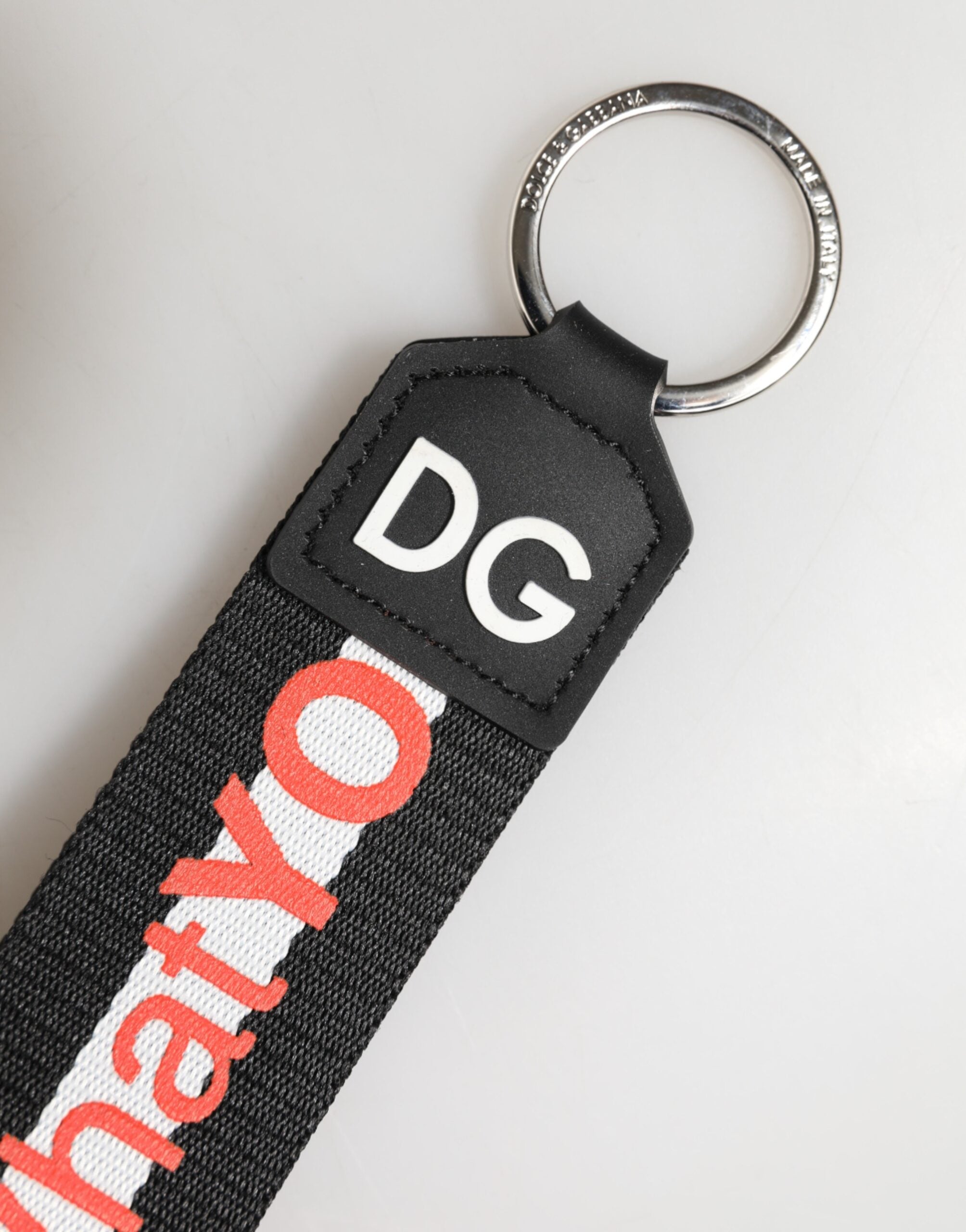 Dolce & Gabbana Black Logo Polyester Silver Brass Holder Keychain Keyring
