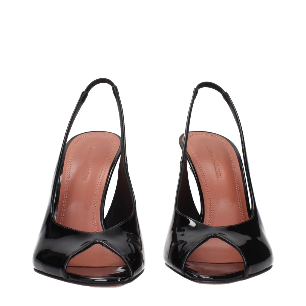 Amina Muaddi Black Leather Stiletto Heel Sandals