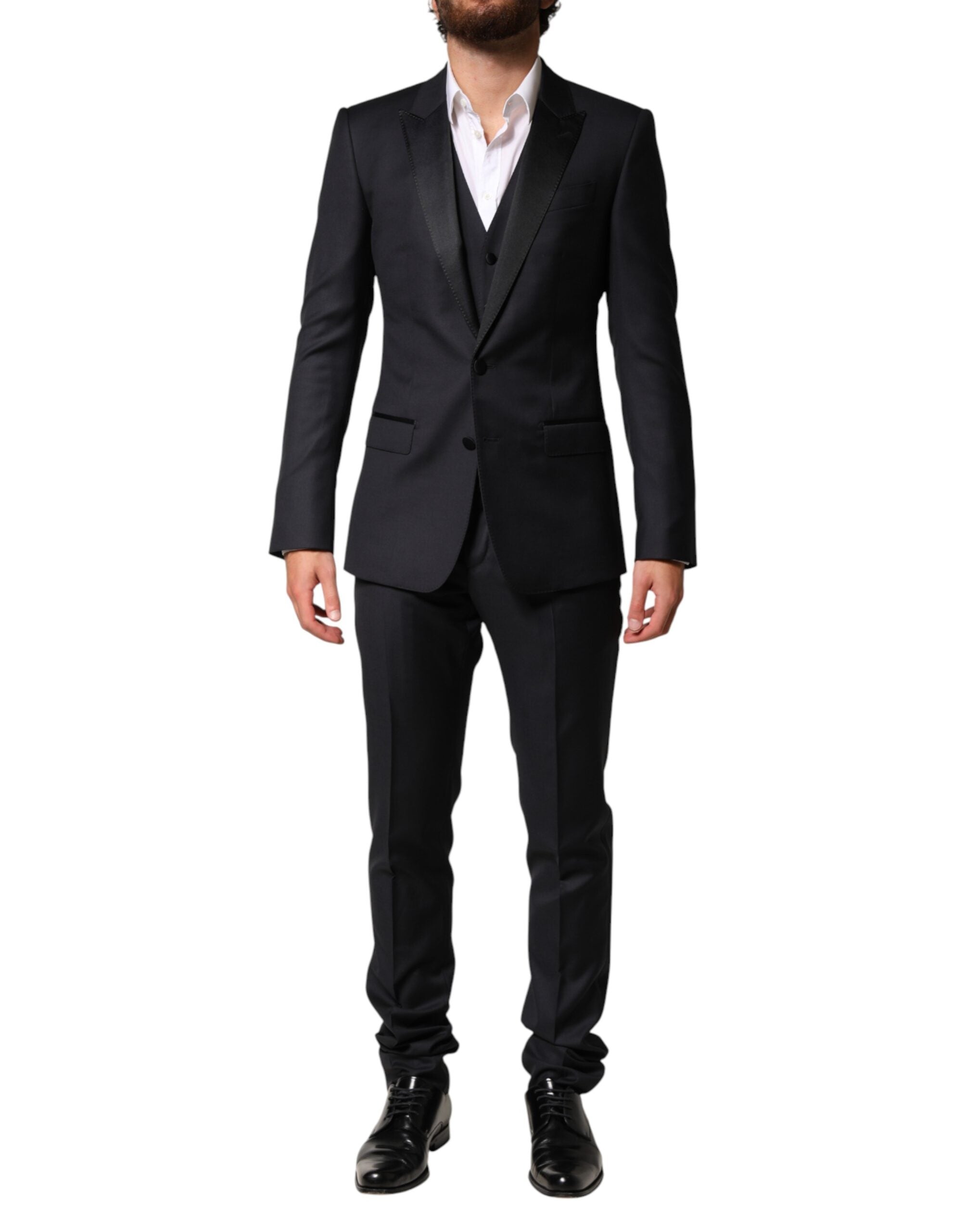 Traje de hombre de 3 piezas de lana negra de botonadura sencilla de Dolce & Gabbana