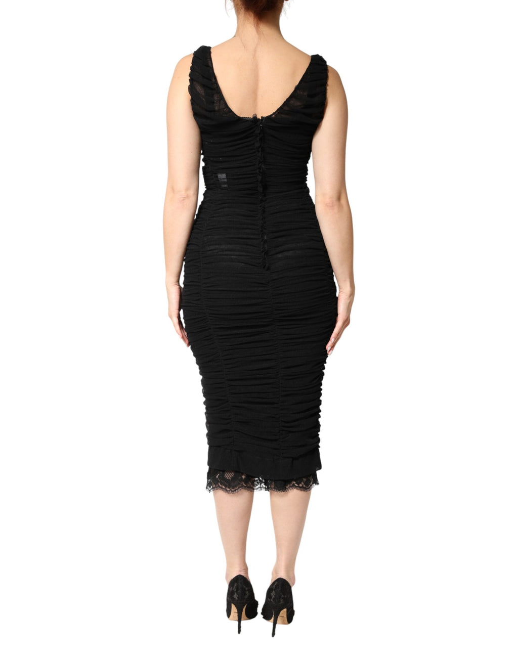 Dolce & Gabbana Black V-Neck Ruched Lace Hem Midi Dress