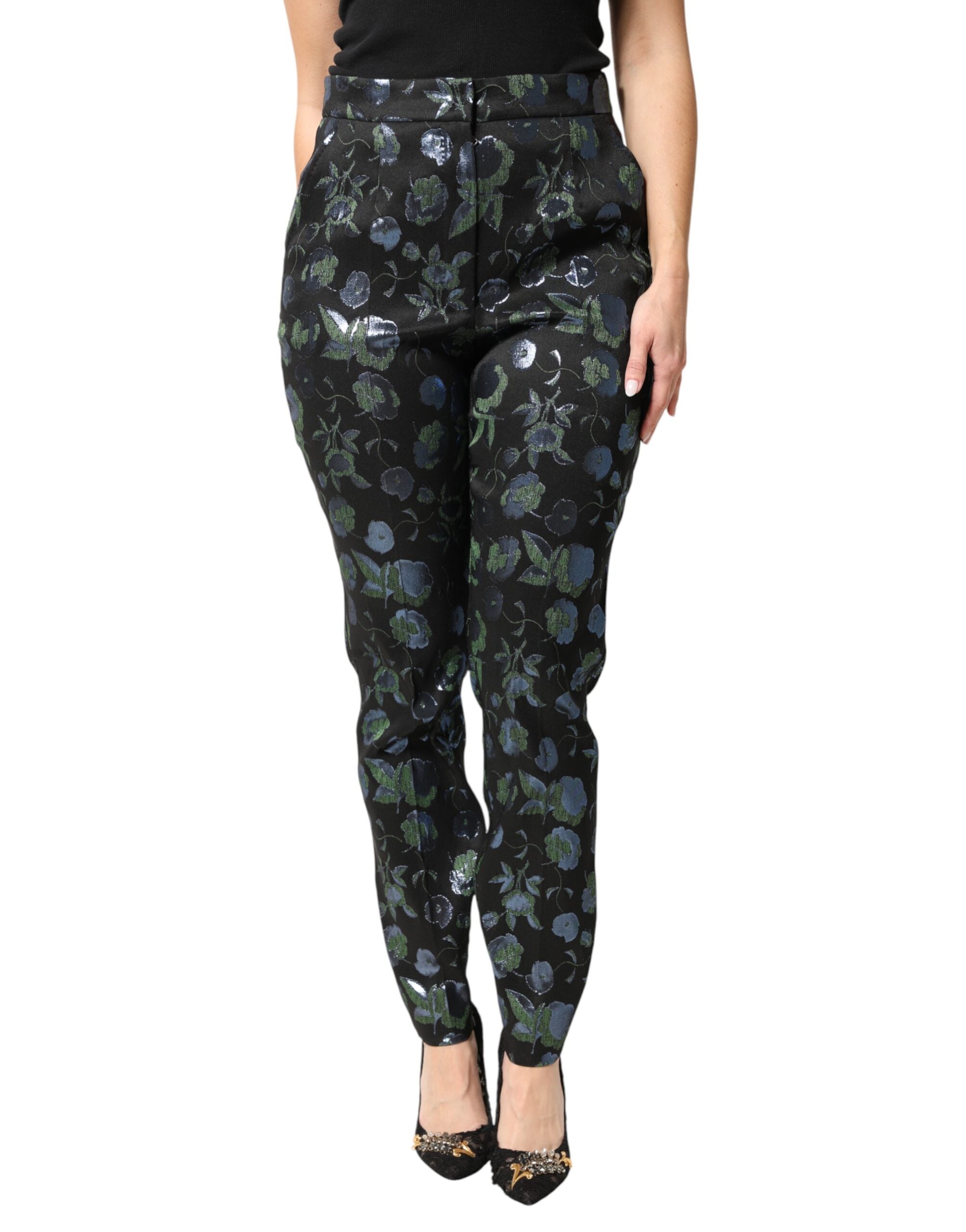 Pantalones entallados metálicos con estampado floral azul verdoso de Dolce & Gabbana
