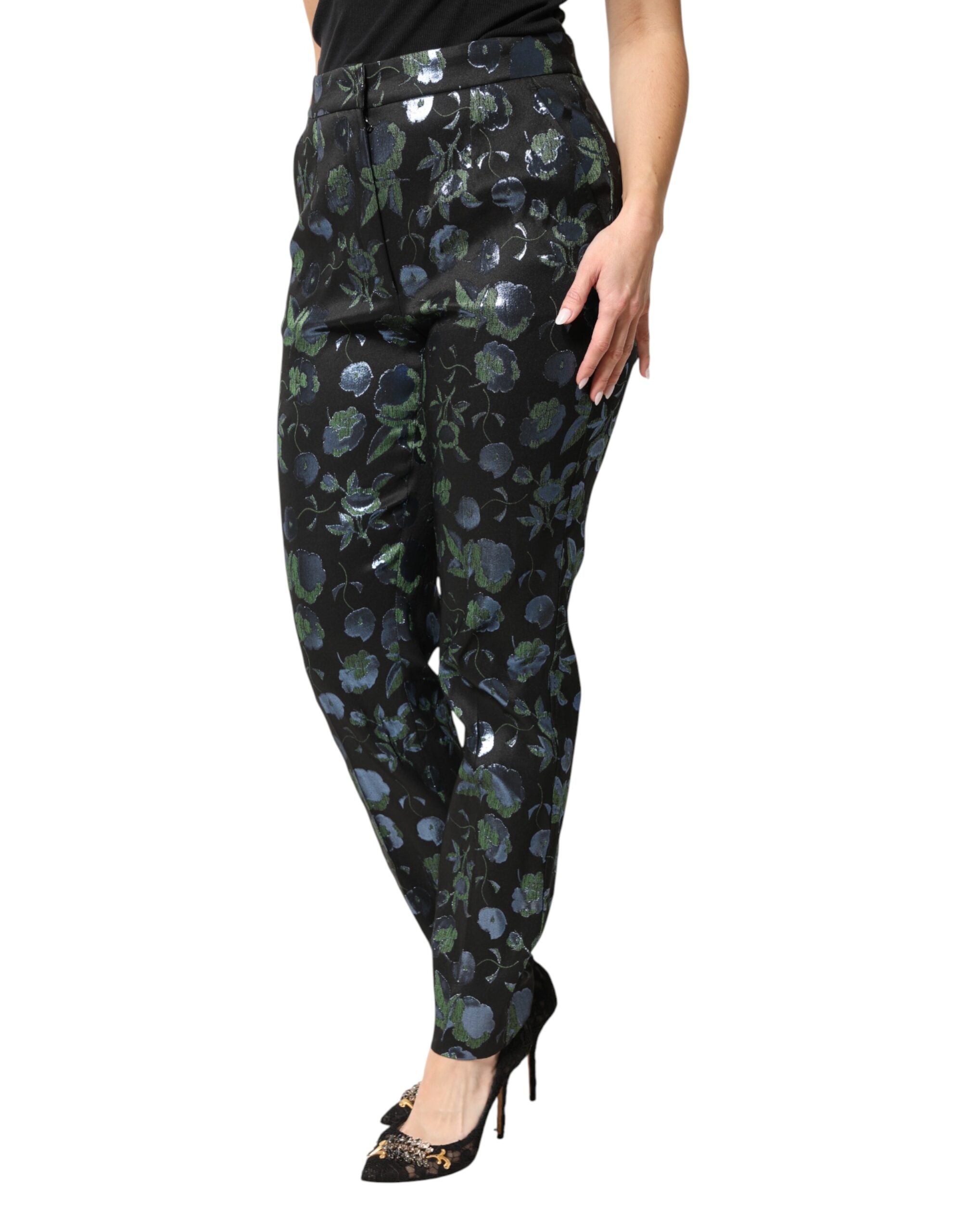 Pantalones entallados metálicos con estampado floral azul verdoso de Dolce & Gabbana