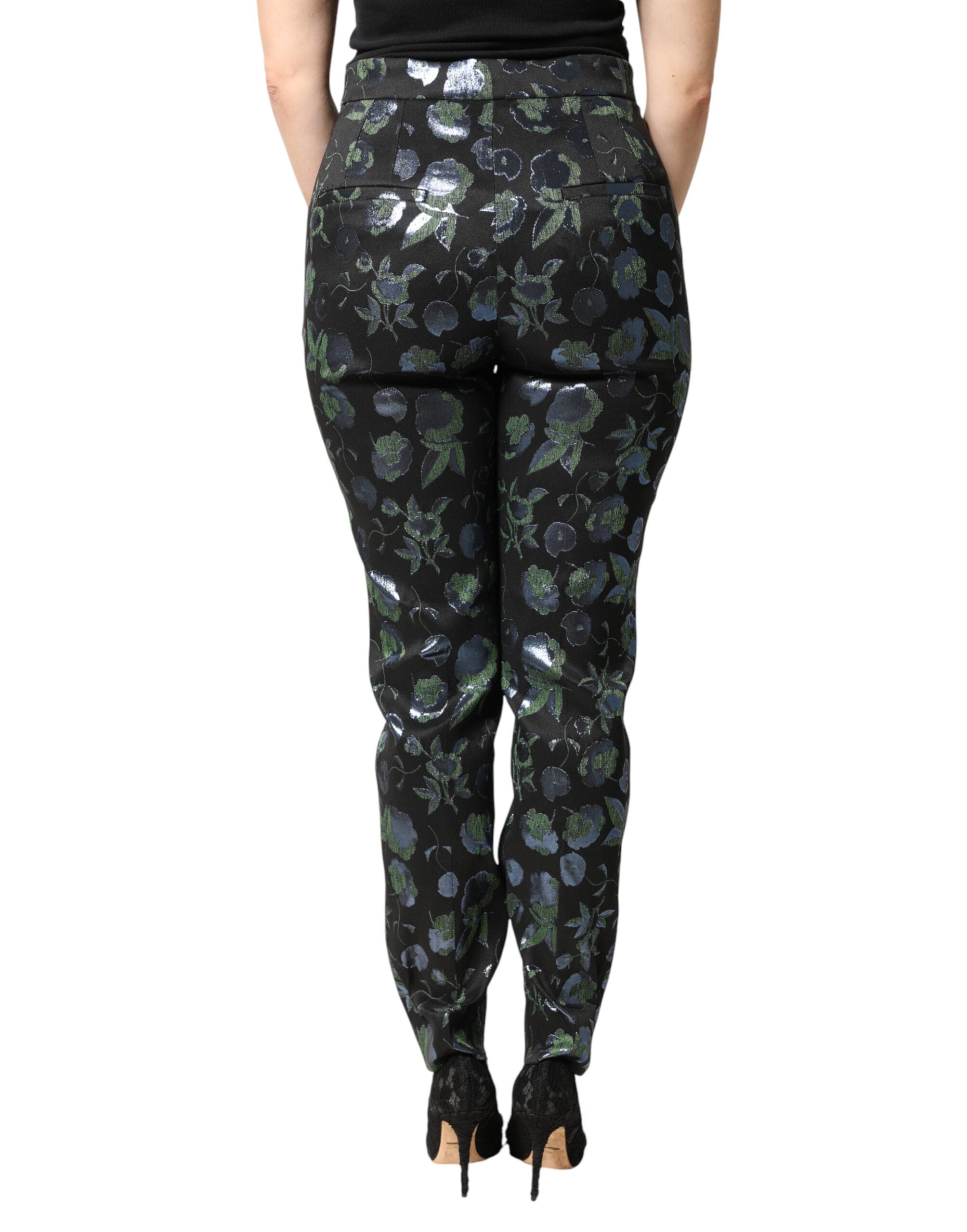Pantalones entallados metálicos con estampado floral azul verdoso de Dolce & Gabbana