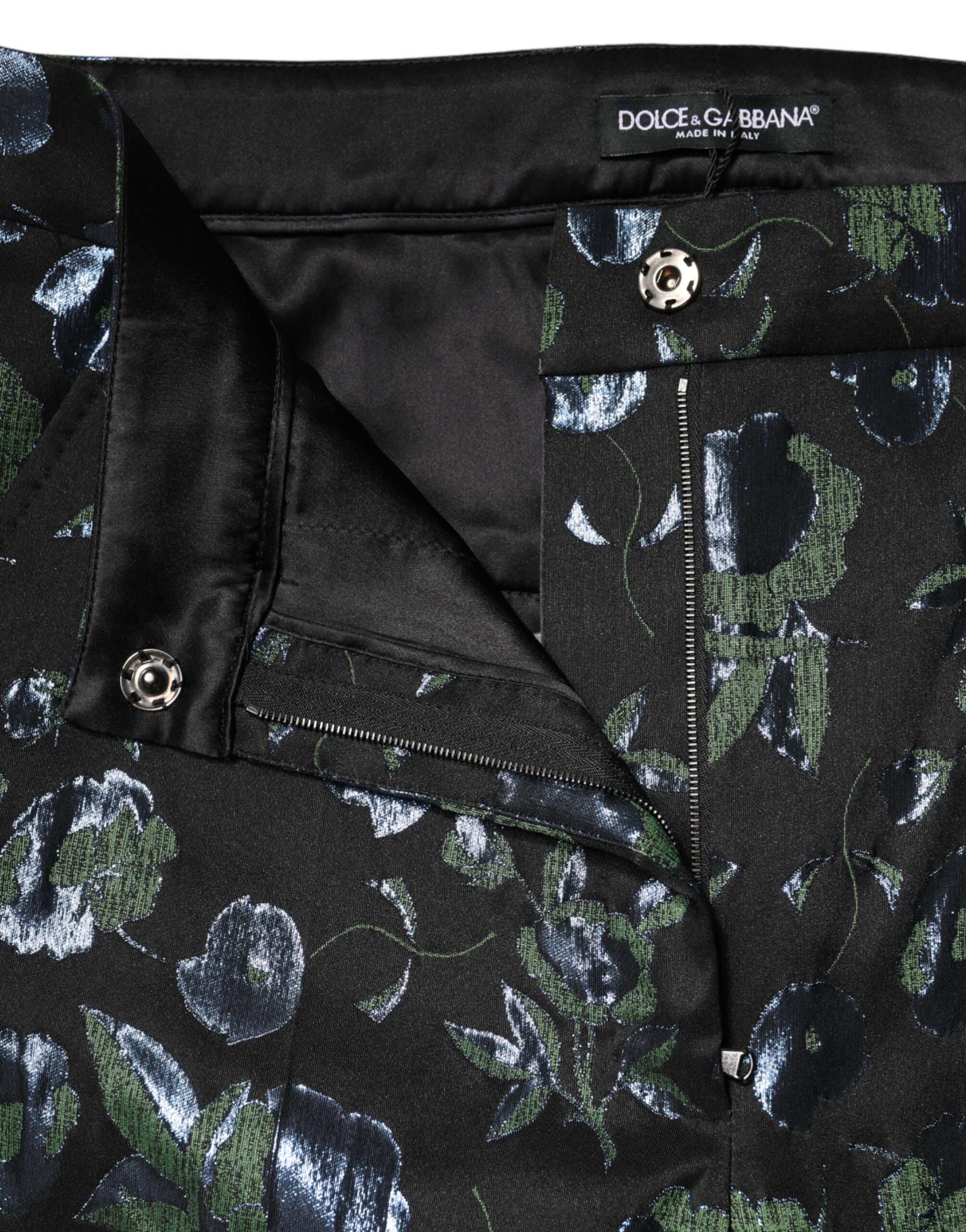 Pantalones entallados metálicos con estampado floral azul verdoso de Dolce & Gabbana