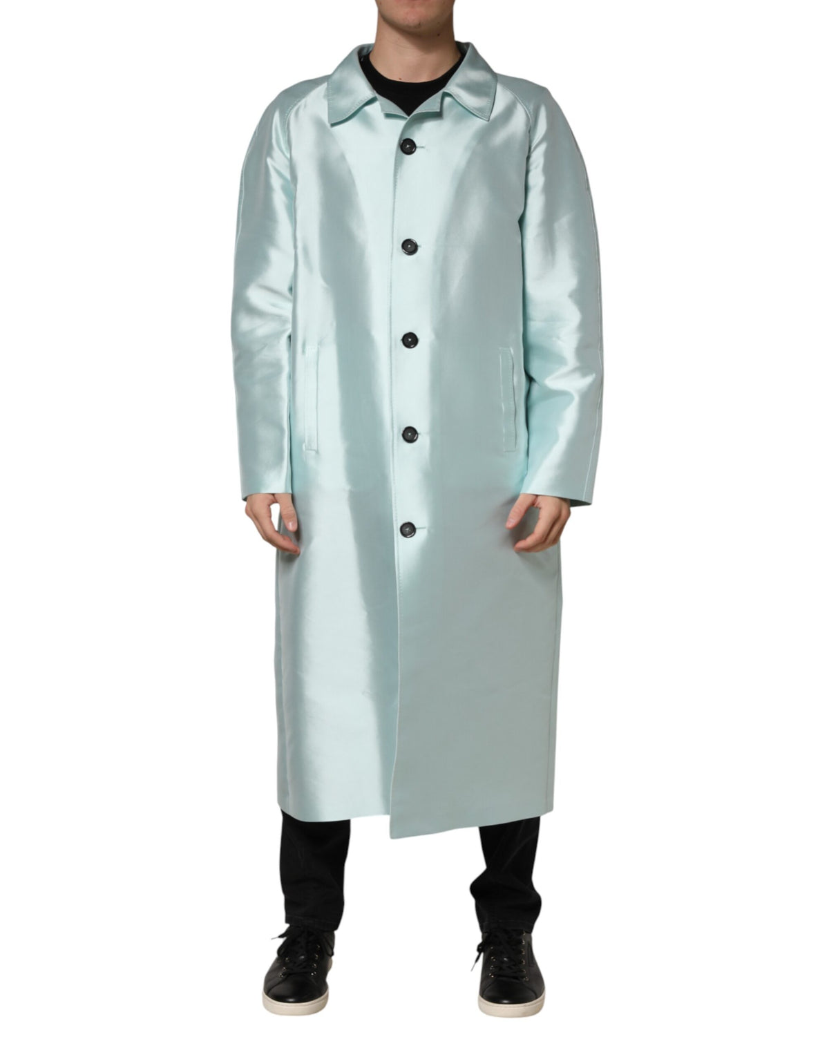 Dolce & Gabbana Teal Satin Collared Long Trench Coat Jacket